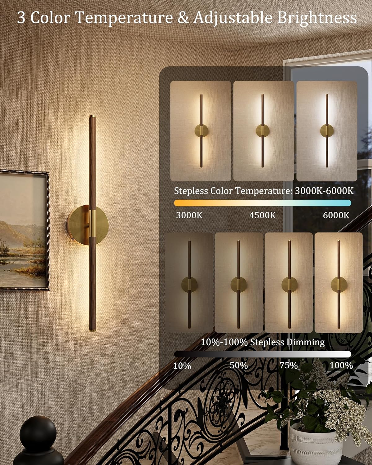 24" Battery Operated Wall Sconce Set of 2, 350° Rotating Lamp, Walnut Gold | Wireless, 8000mAh Rechargeable Battery