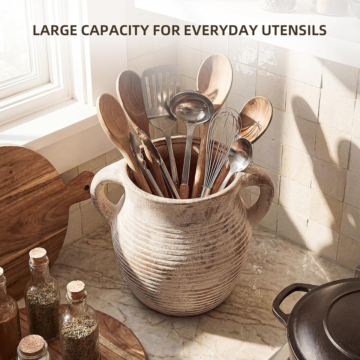 Rustic Utensil Holder for Kitchen Counter - Large Ceramic Farmhouse Cooking Utensil Crock & Organizer for Spatula