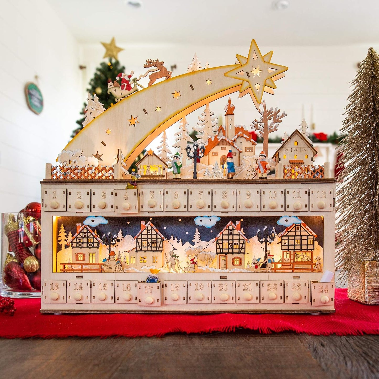 Best Choice Products Wooden Christmas Advent Calendar, Shooting Star Holiday Decoration w/Battery-Operated LED Light