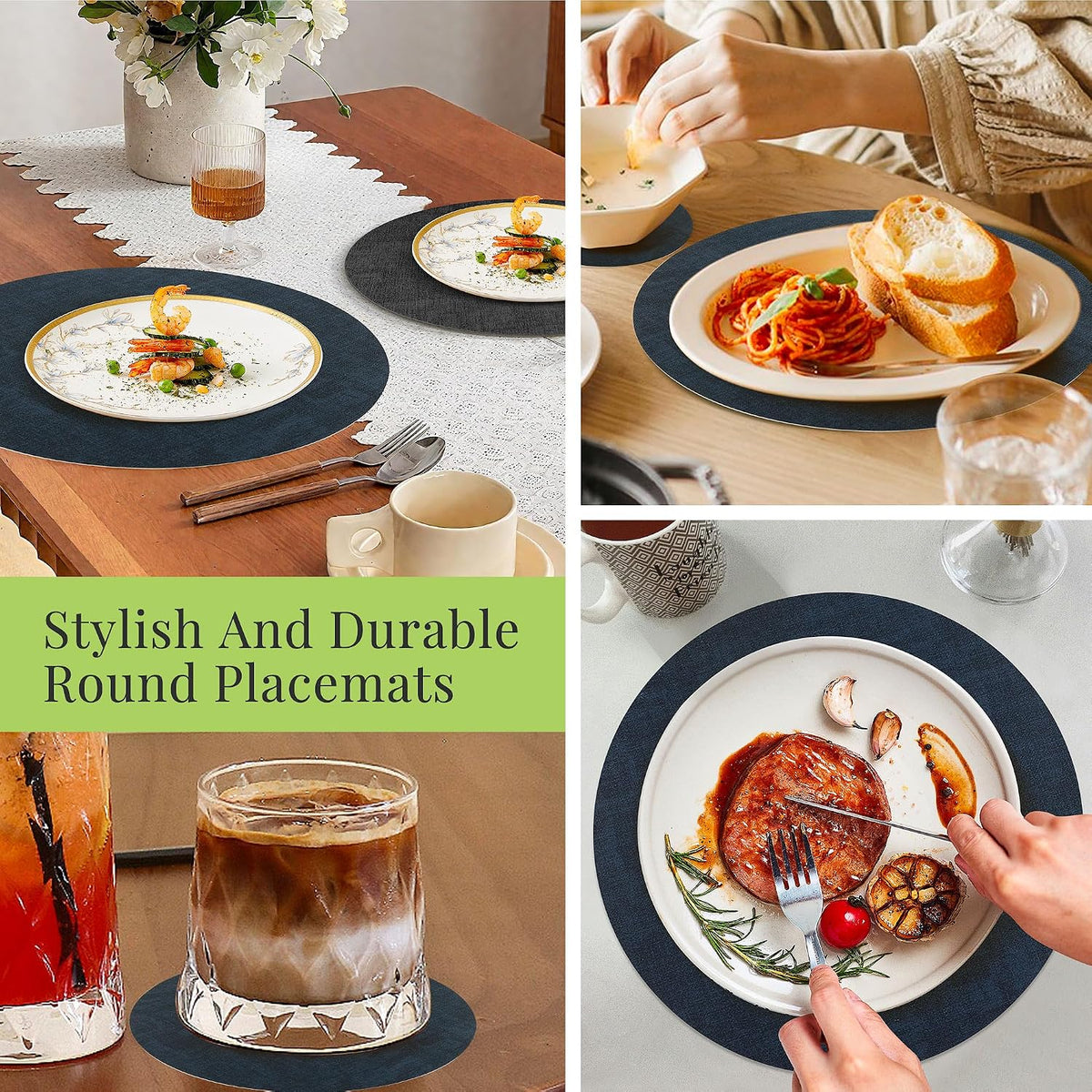 Fyvva Placemats Set of 12, 13" Round Reversible Faux Leather with Coasters | Wipeable & Waterproof Table Mats, Heat