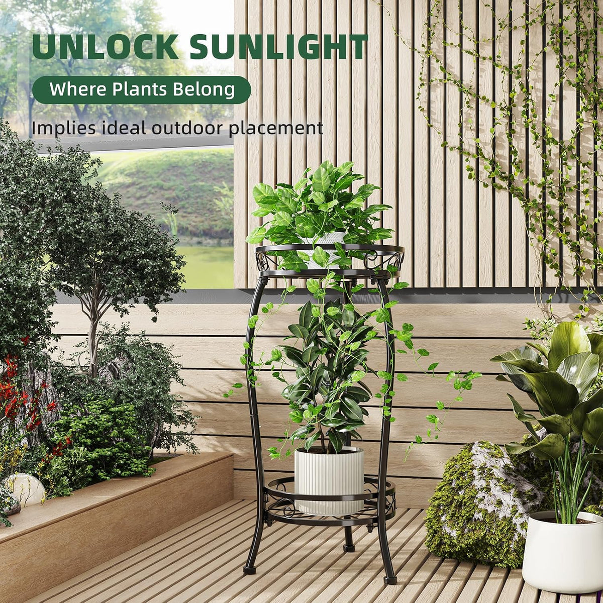 Simple Trending Plant Stand Indoor Outdoor, Tall Round Plant Shelf, 2 Tiers Metal Flower Pot Holder Stand Heavy Duty