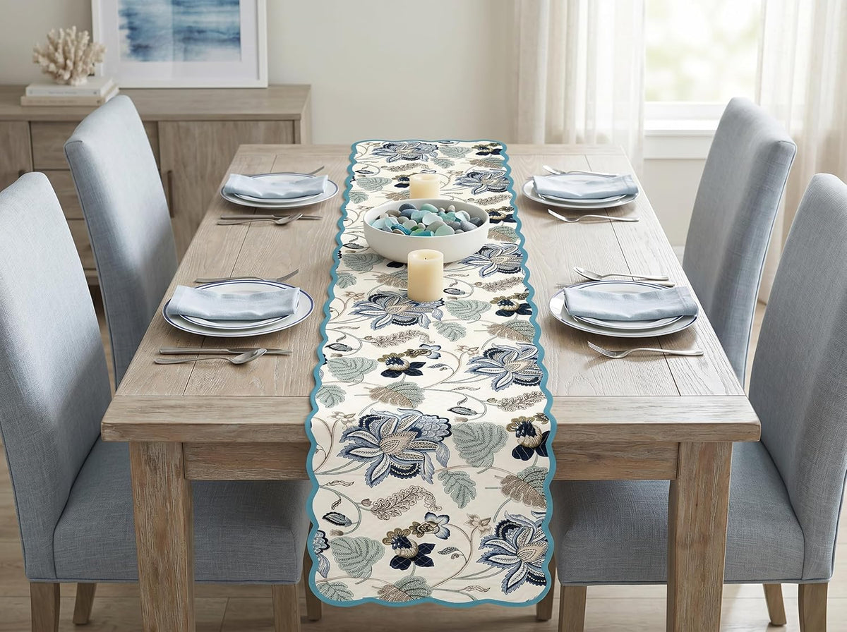 Coastal Blues Luxury Handcrafted Runner (Reversible) Cotton Quilted Fabric Machine Washable – Elegant Home Decor – 14 x