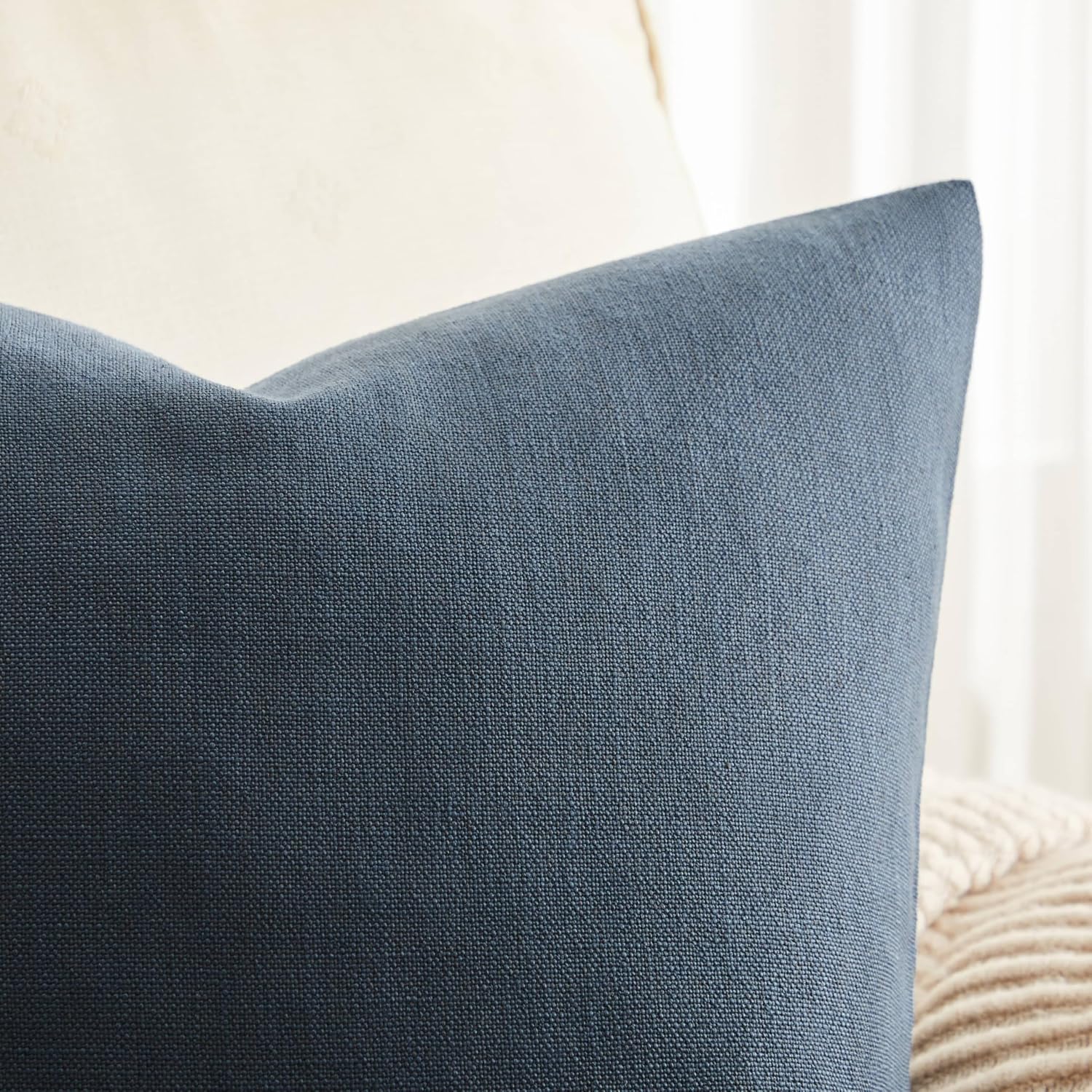 Rustic Cotton Linen Throw Pillow Covers / Navy / 20 x 20 / Set of 2