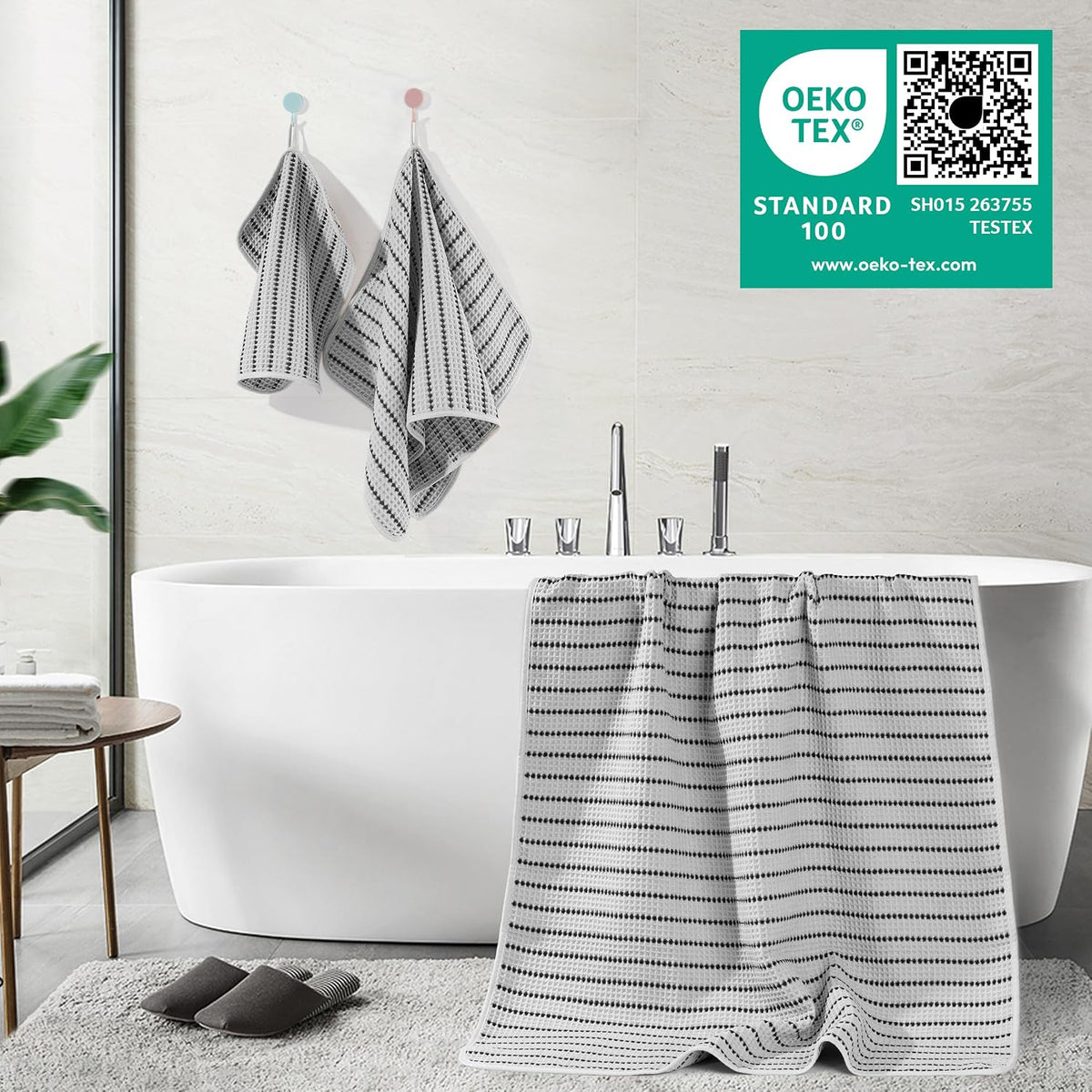 POLYTE 430 GSM Poly Blend Microfiber Quick Dry Waffle Bath Towel Set of 6 | 2-Body Towels, 2-Hand Towels, 2-Wash