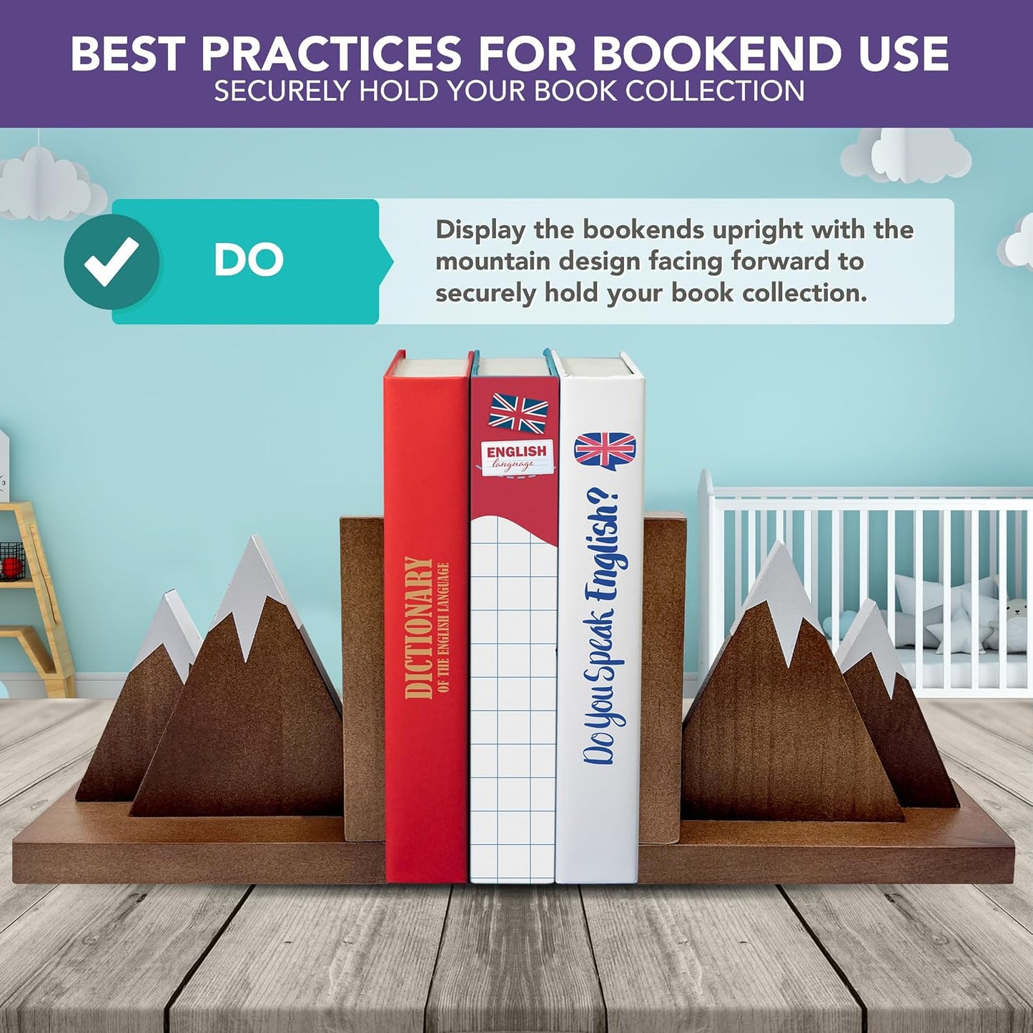 Non-Skid Wooden Mountain Bookends for Kids