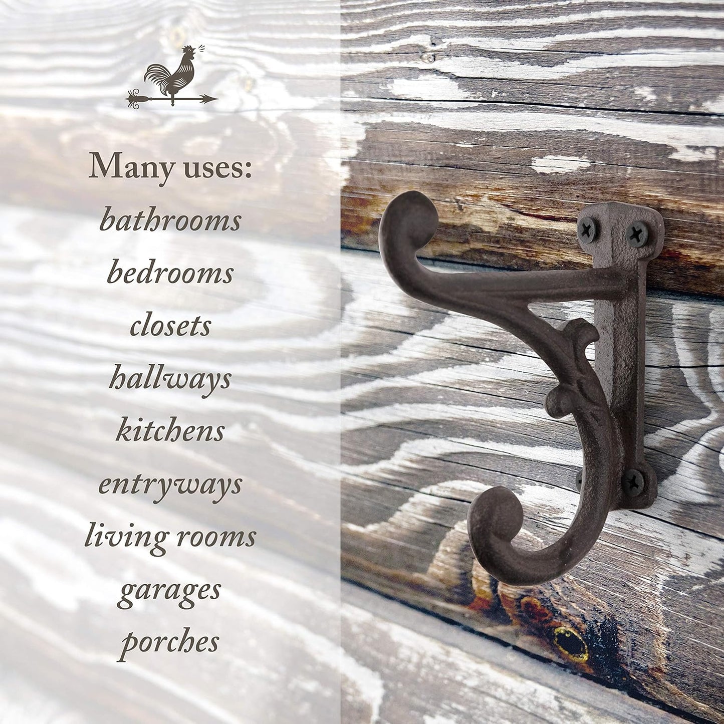 Rustic Cast Iron Coat Hooks Rustic Dark Brown / Large Ornate / Rustic Antique Brown / Set of 3