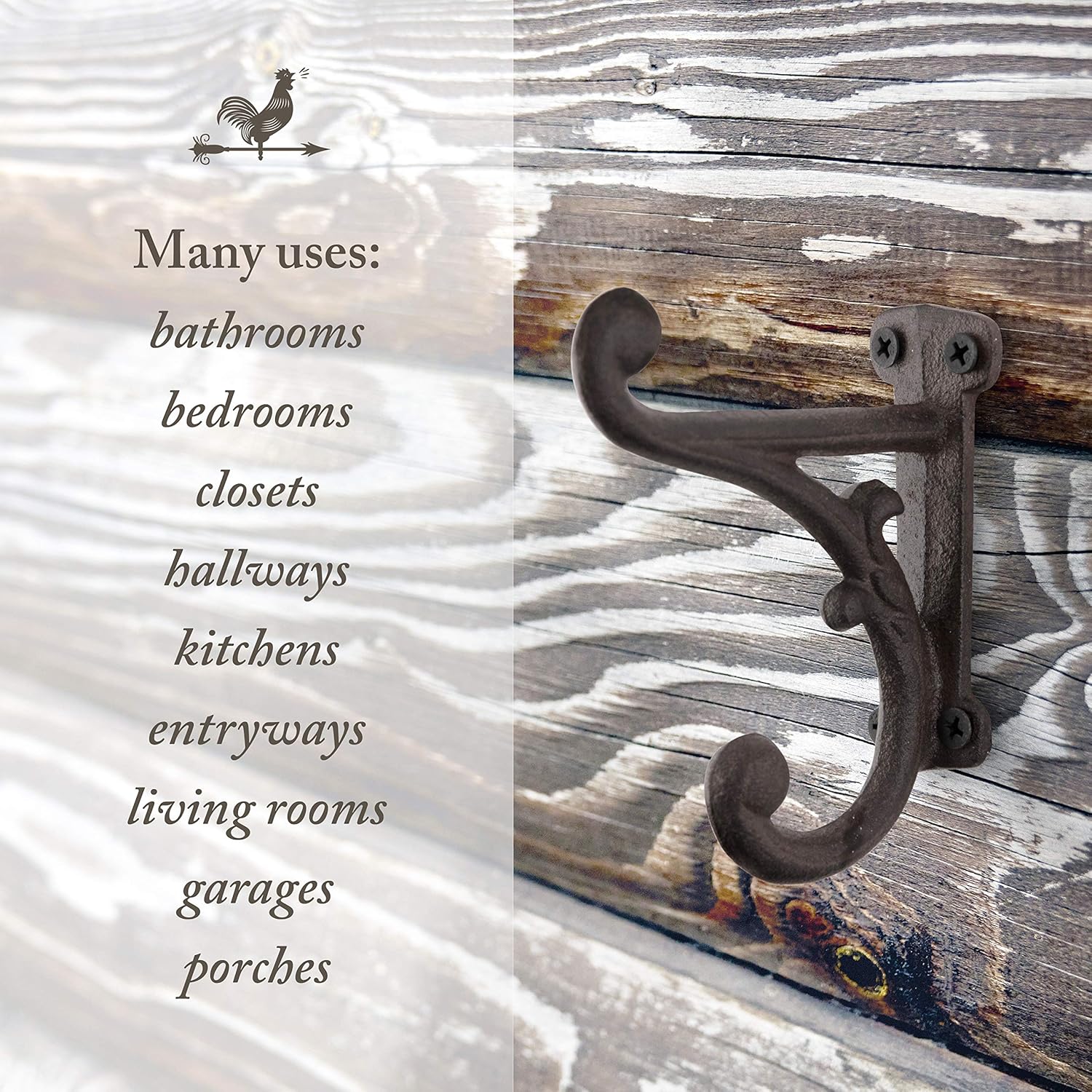Rustic Cast Iron Coat Hooks Rustic Dark Brown / Large Ornate / Rustic Antique Brown / Set of 3