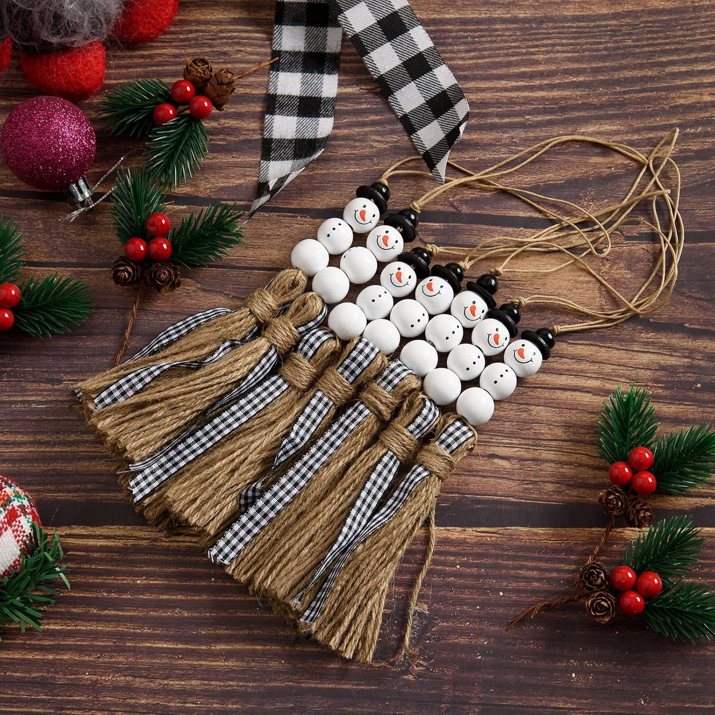 Snowman Wooden Beads Hanging Ornament Christmas Snowman Beads Garland / Black and White / Set of 12