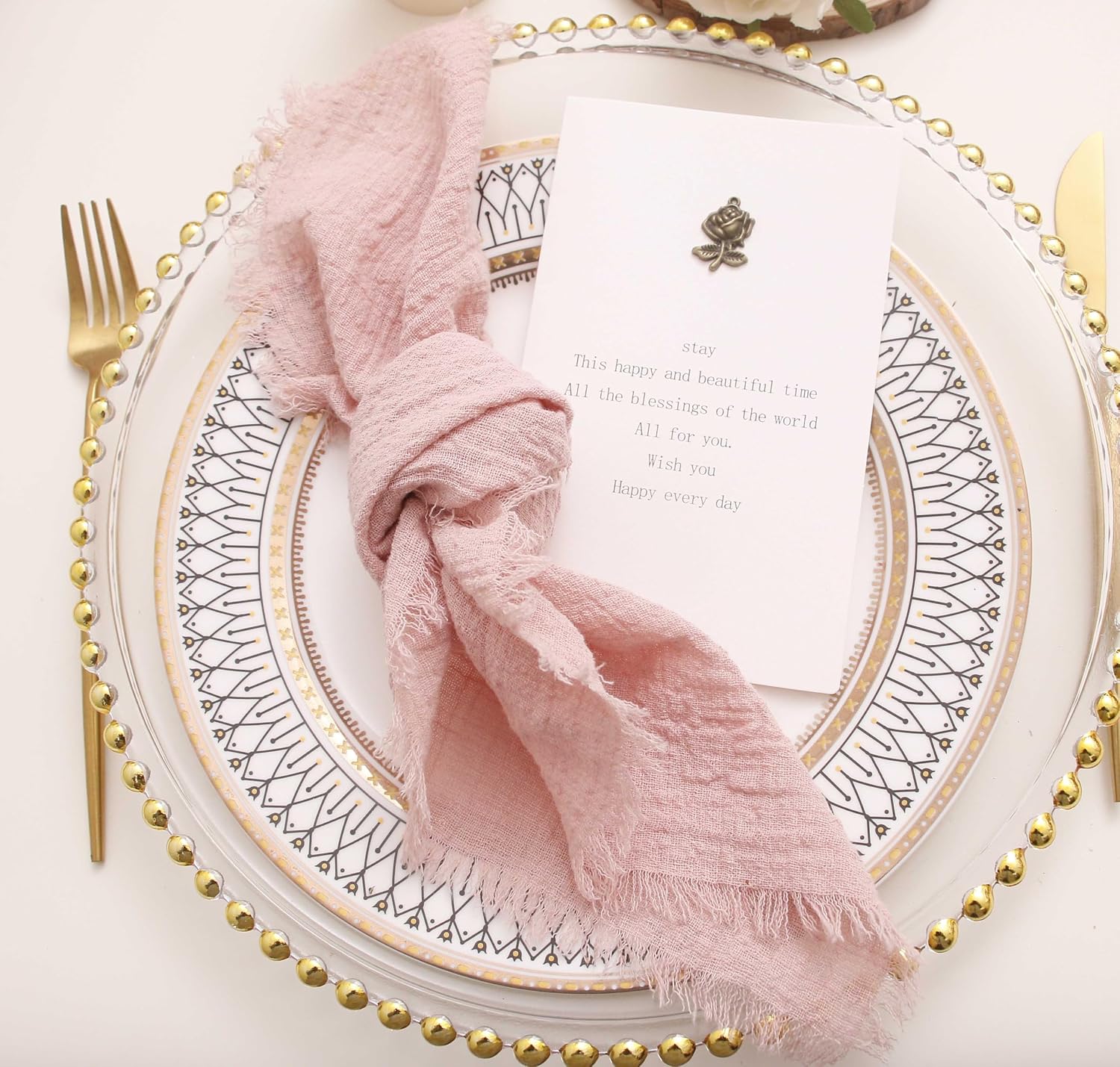 Cloth Napkins with Fringe Set of 12, Soft Cotton, 16 x 16 Inch, Dusty Pink | Boho Rustic Dinner Napkins, Reusable