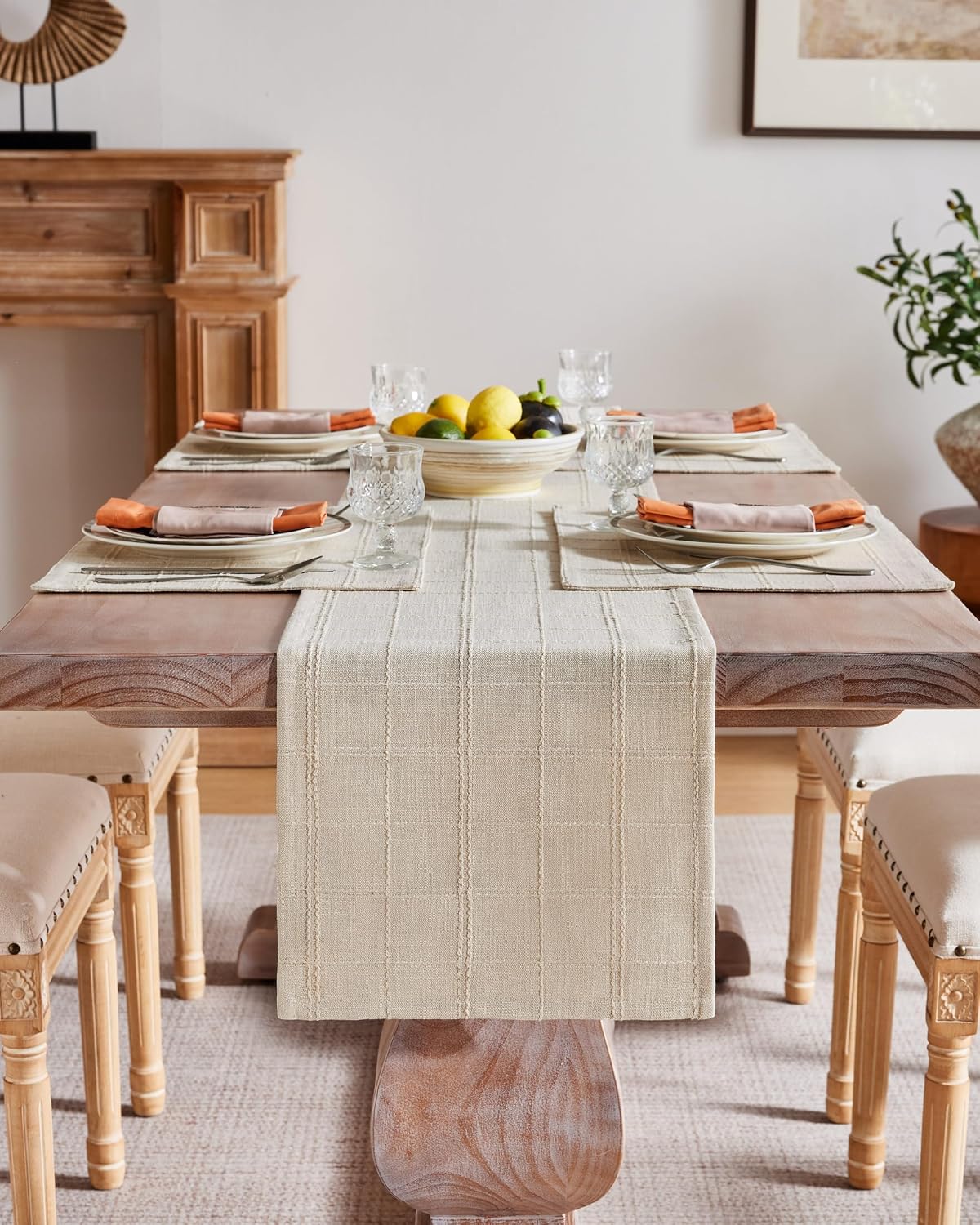 Linen Checked Farmhouse Placemats Set of 6, Neutral Beige 13x19in | Double Layer, Reversible, Thick Textured Table