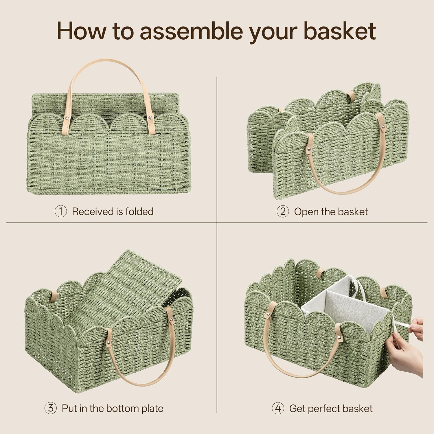 Paper Rope Scalloped Storage Baskets Nursery Bin / Green / Large
