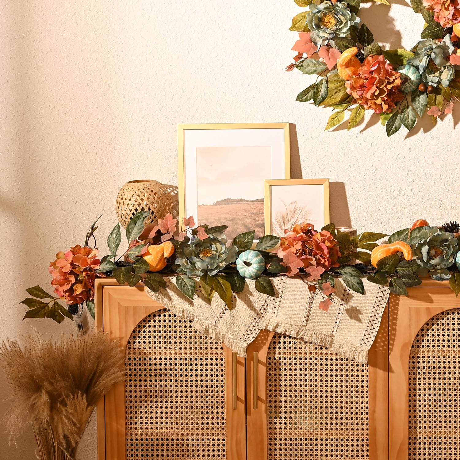 Artificial Fall Autumn Floral Garland / Orange and Blue / 6 ft