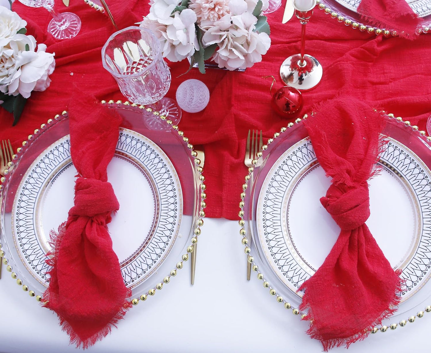 Fall Cloth Napkins with Fringe, Cotton Gauze Napkins Set of 12, Red | Boho Rustic Dinner Napkins, 16 x 16 Inch Washable