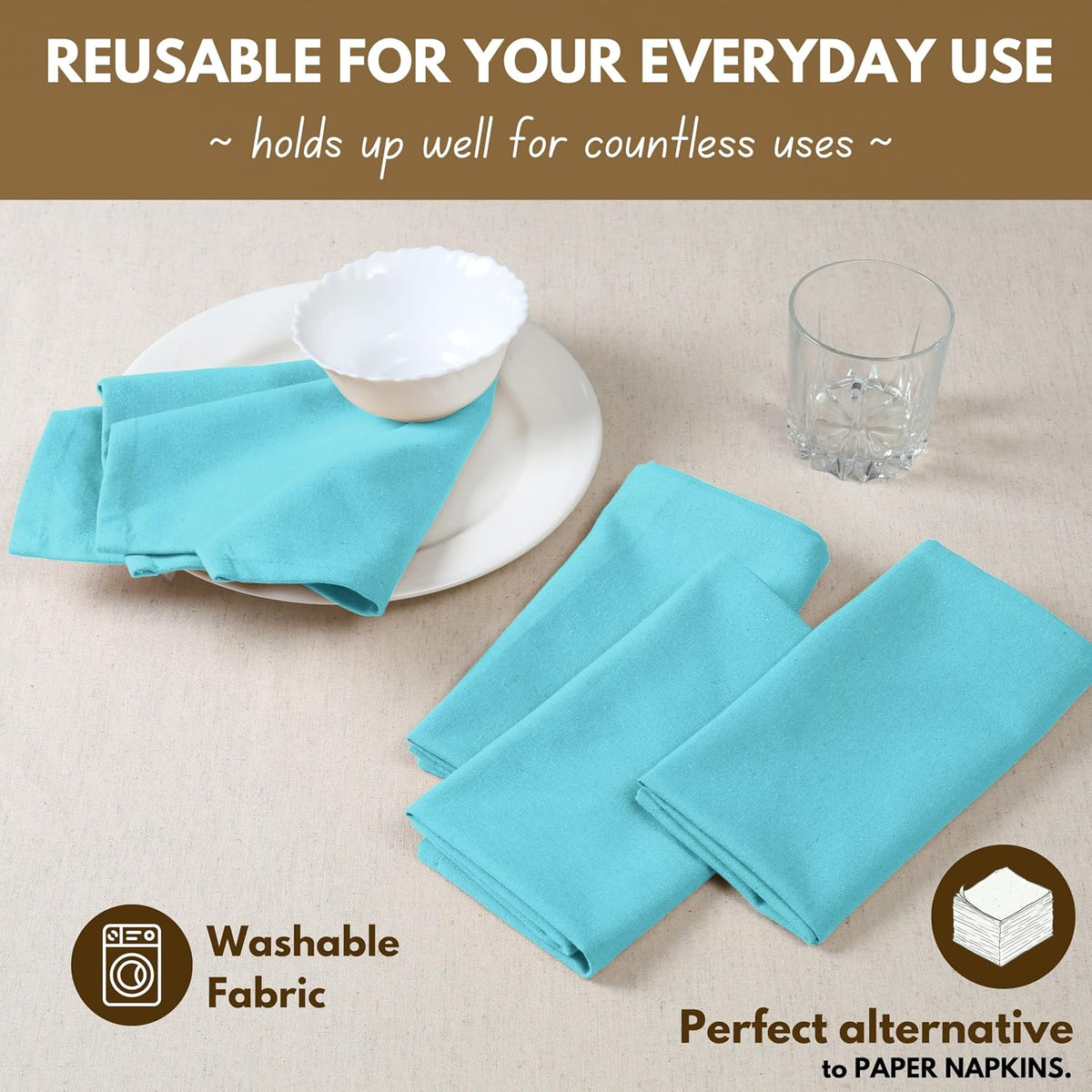 Native Fab Blue Cloth Napkins, 12 Pack, 100% Cotton, 17x17 Inches, Heavy Duty, Soft Texture, Quick Drying, Great for