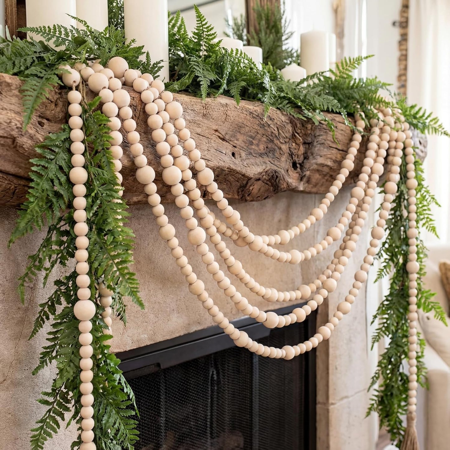 8 Pack 9 ft Rustic Christmas Wood Bead Garland for Xmas Tree Mantel Fireplace Stairs Coffee Table Decor Farmhouse