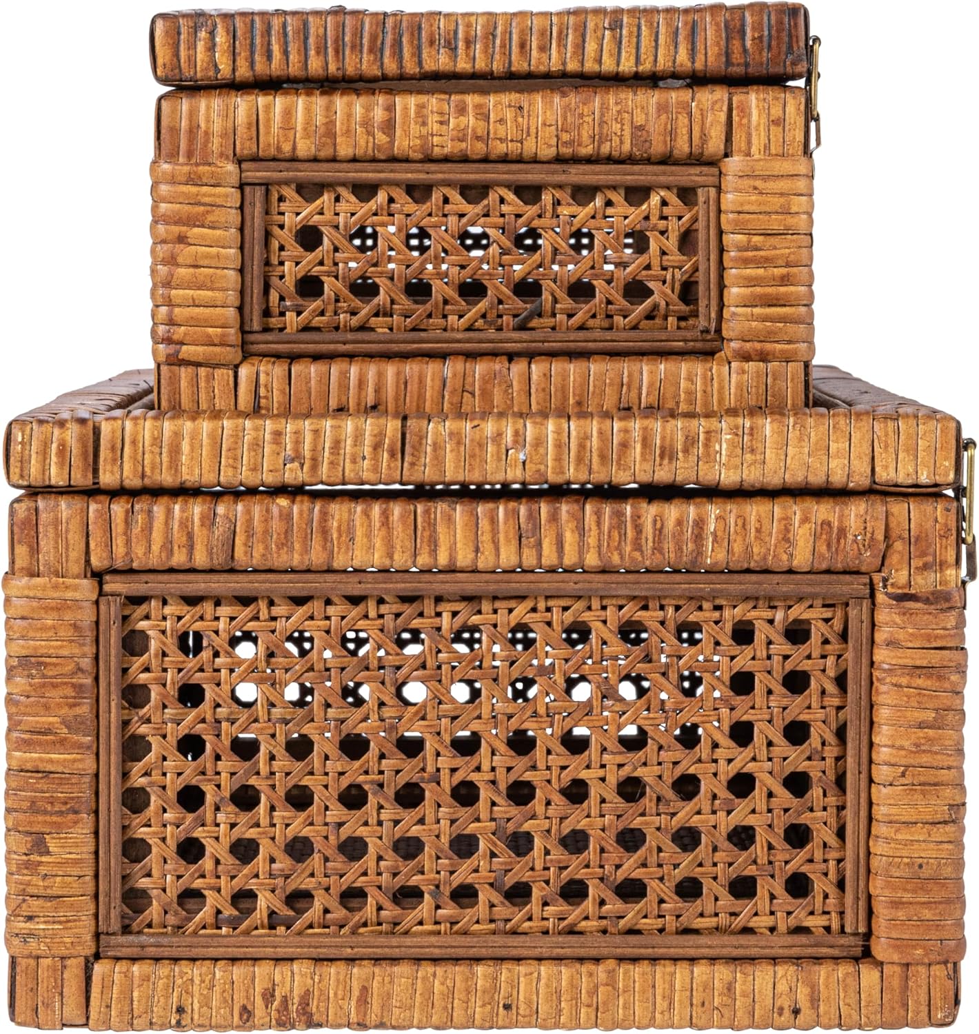 Modern Decorative Rectangle Woven Rattan and Wood Display / Dark Brown / Rectangular / Set of 2