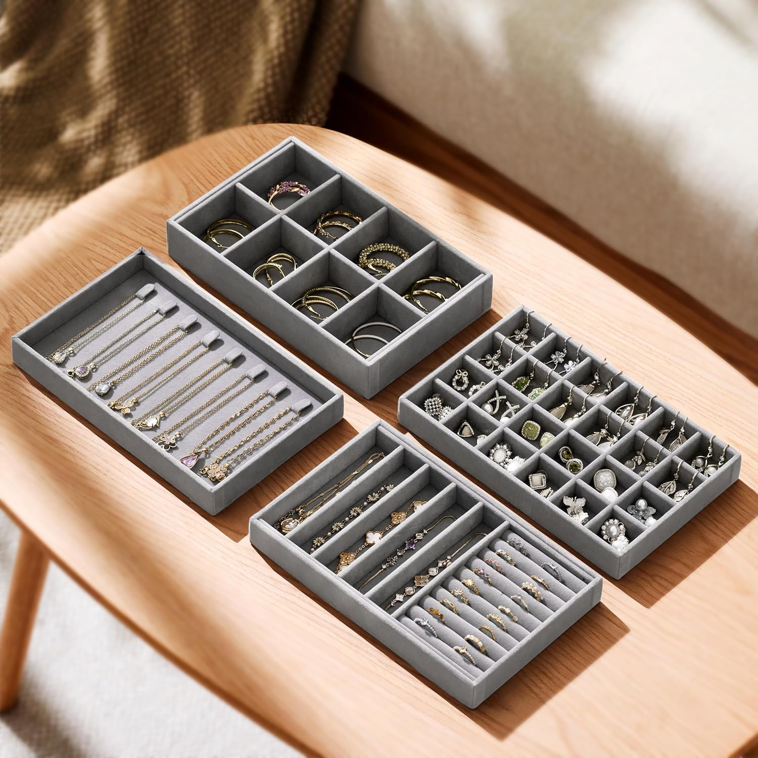 Velvet Jewelry Drawer Organizer Trays / Grey / Compact