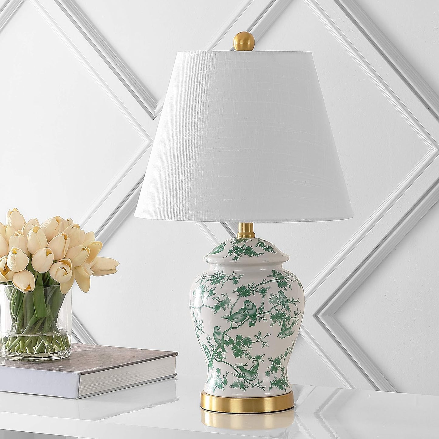 JONATHAN Y Penelope Ginger Jar 22" LED Table Lamp, White/Green | Chinoiserie, Ceramic Metal Construction, French