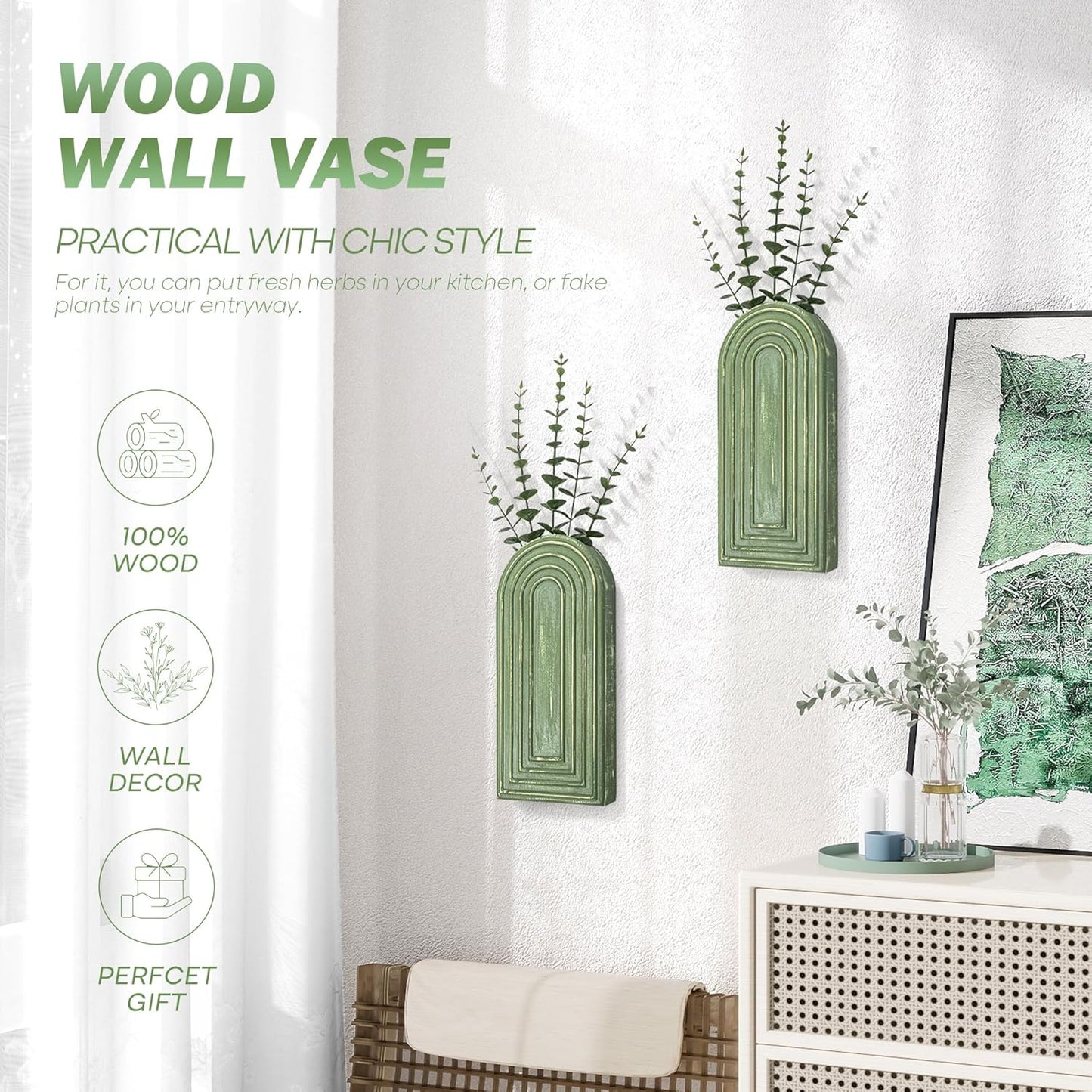 Pine Wood Wall Vases / Green / Set of 2