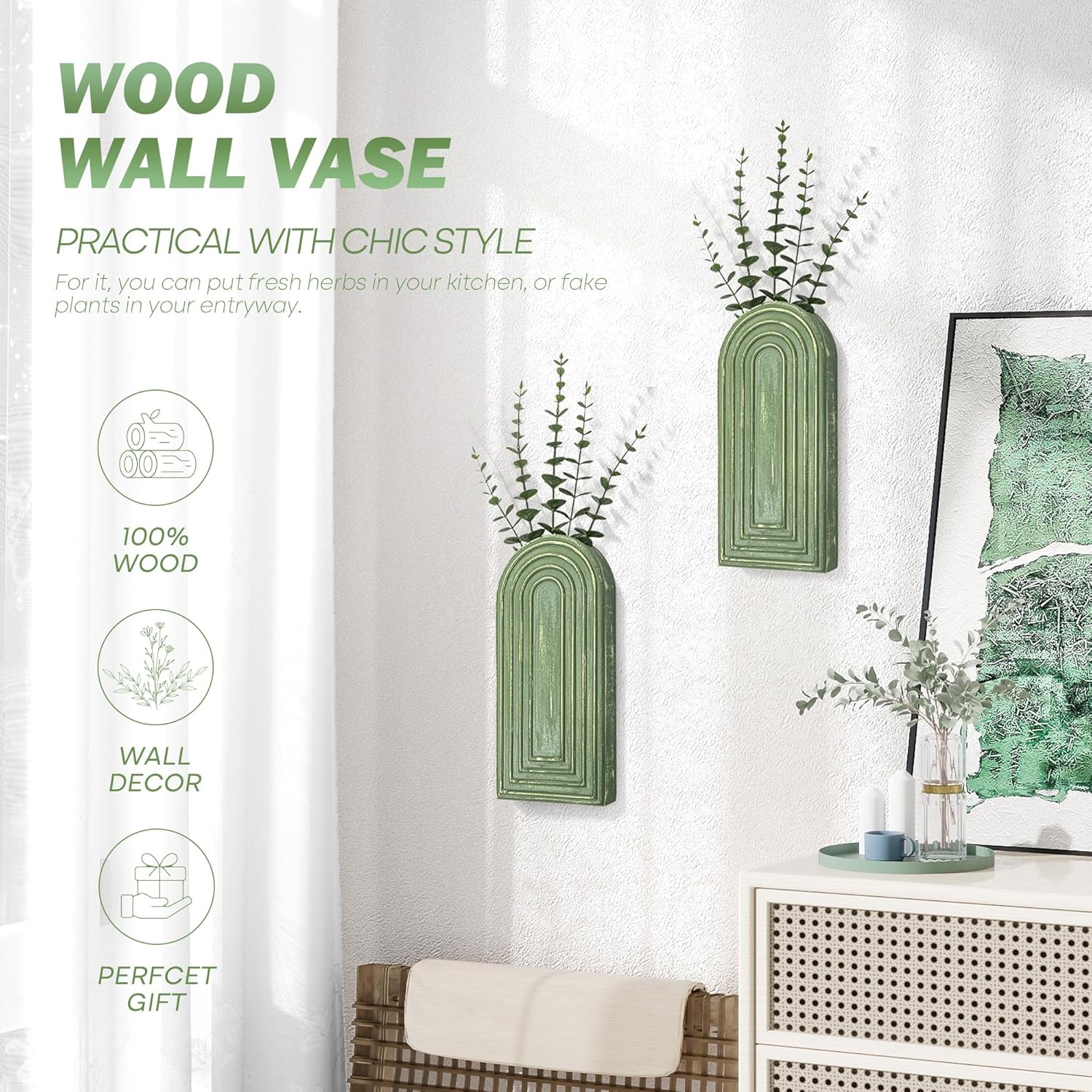 Pine Wood Wall Vases / Green / Set of 2