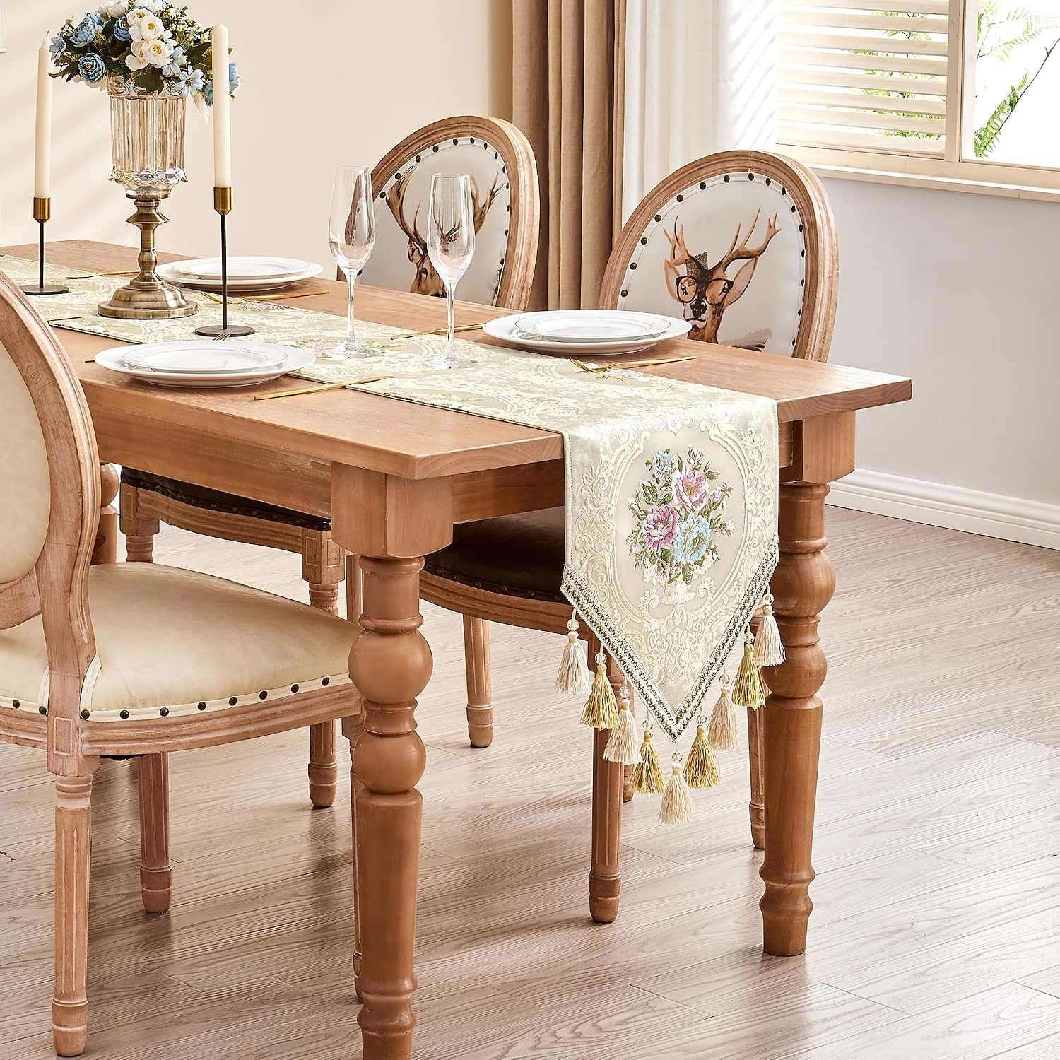 Loom and Mill Elegant Floral Jacquard Table Runner 13x72 inch, Pearly Beige | Luxury Damask Fabric Dining Table Runners