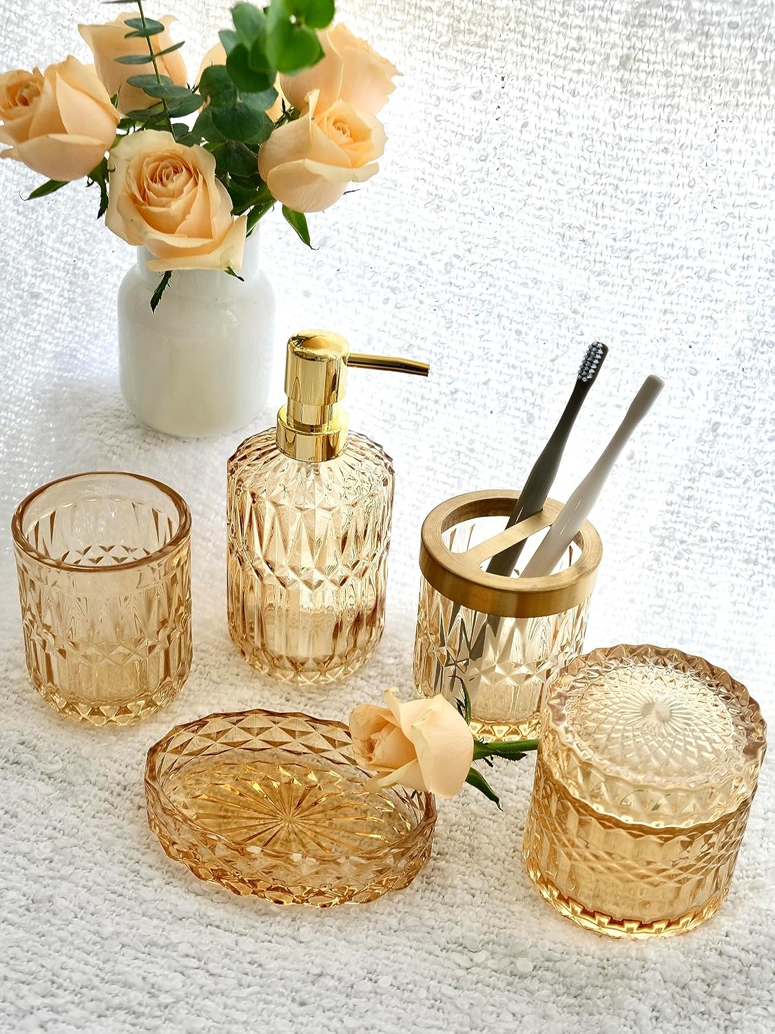 LaMarriti Clear Gold Bathroom Accessorries Set, 5Pcs Glass Bathroom Set | Soap Dispenser and Toothbrush Holder Set