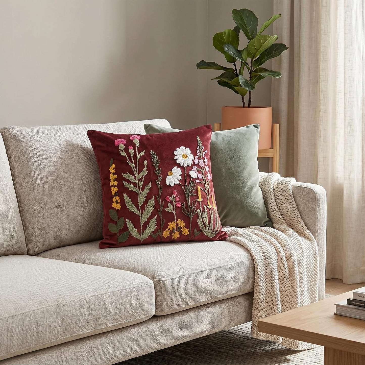 Colorful Flowers / Burgundy Red / 18 x 18 / Set of 2