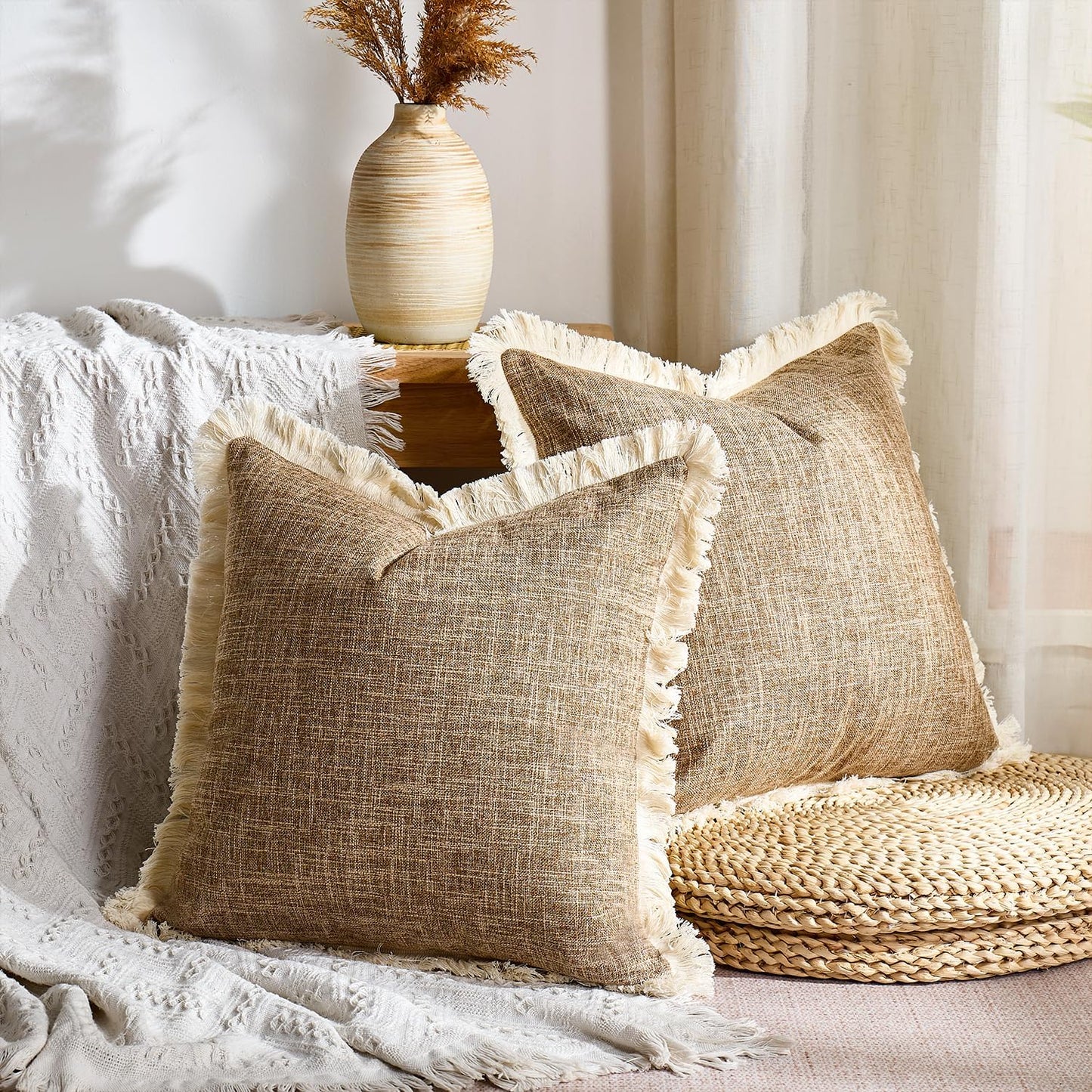 Faux Linen Pillow Covers / Khaki / 18 x 18 / Set of 2