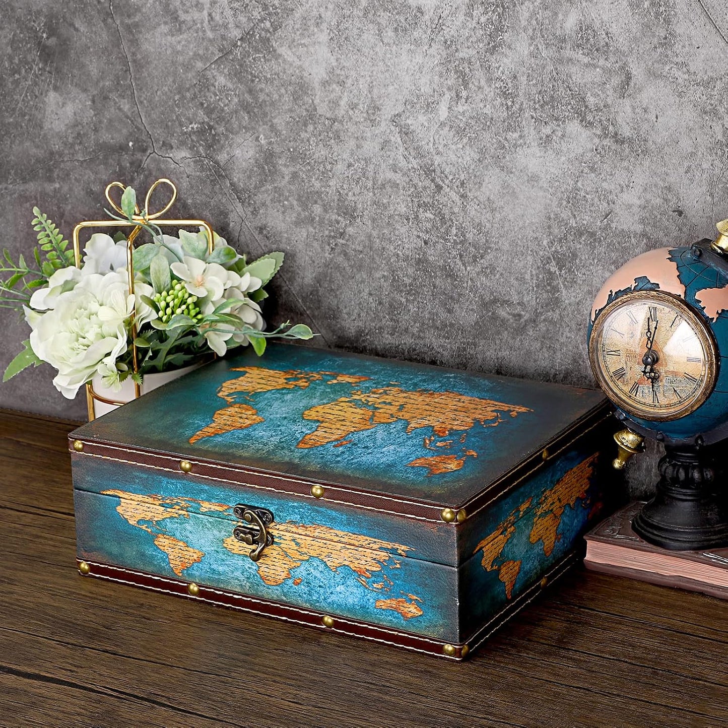 Wooden + PU Leather Storage Box for Jewelry Trinkets Photos / Green Map Pattern