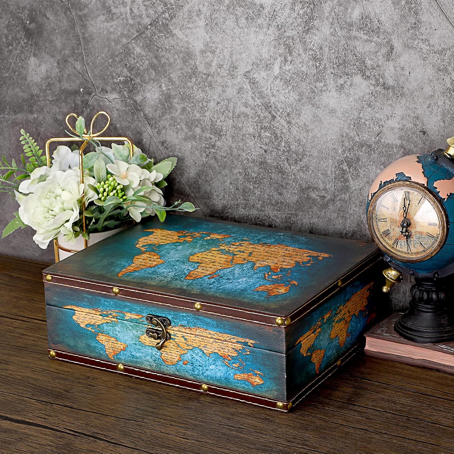 Wooden + PU Leather Storage Box for Jewelry Trinkets Photos / Green Map Pattern