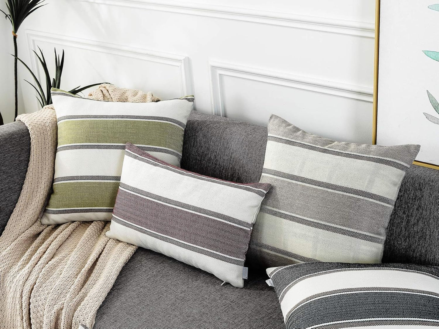 Farmhouse Linen Throw Pillow Cover Cushion Stripe Decoration Buffalo / 18 x 18 / Blue / Set of 2