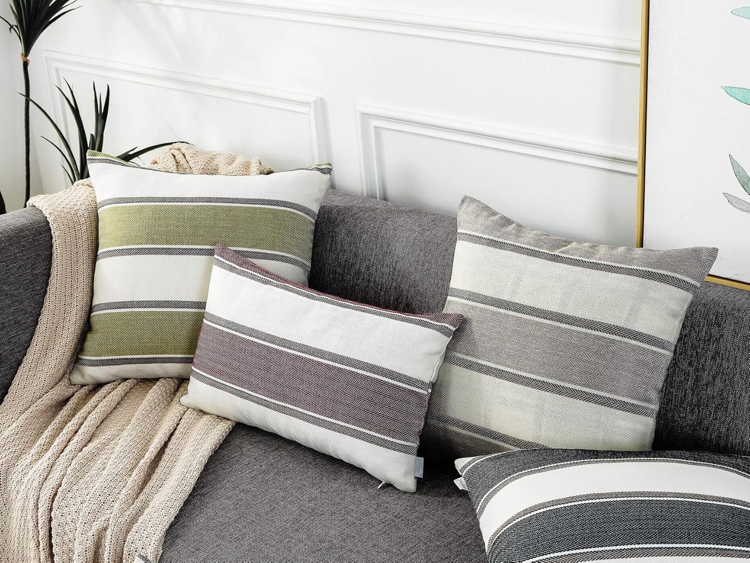 Farmhouse Linen Throw Pillow Cover Cushion Stripe Decoration Buffalo / 18 x 18 / Blue / Set of 2