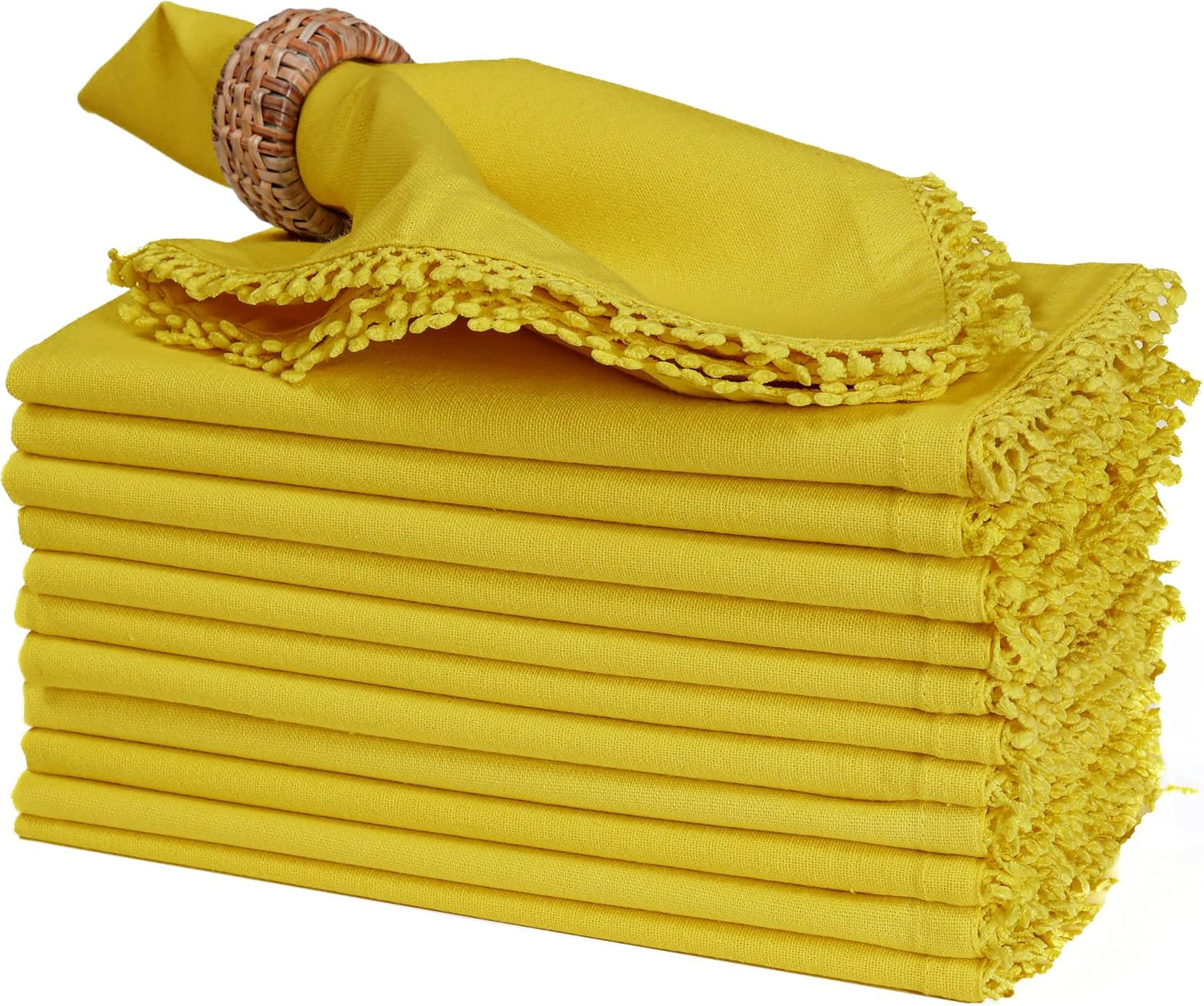 Bedding Craft Cotton Cloth Dinner Napkins Set of 12 – 18x18 Yellow with Decorative Lace Selvedge – Durable Machine
