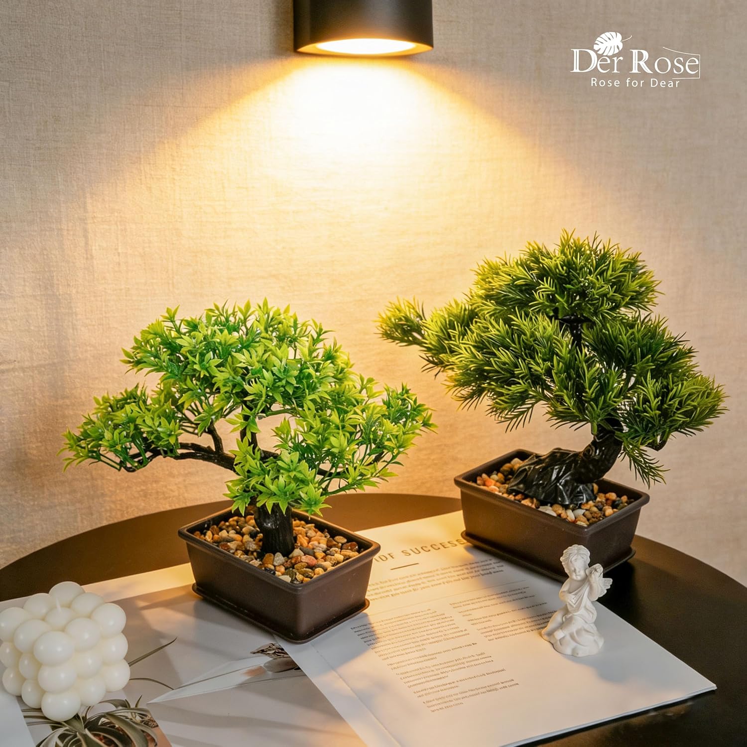 Small Fake Plants Artificial Bonsai Tree Set Ficus and Cedar / Square Pot Bonsai / Set of 2