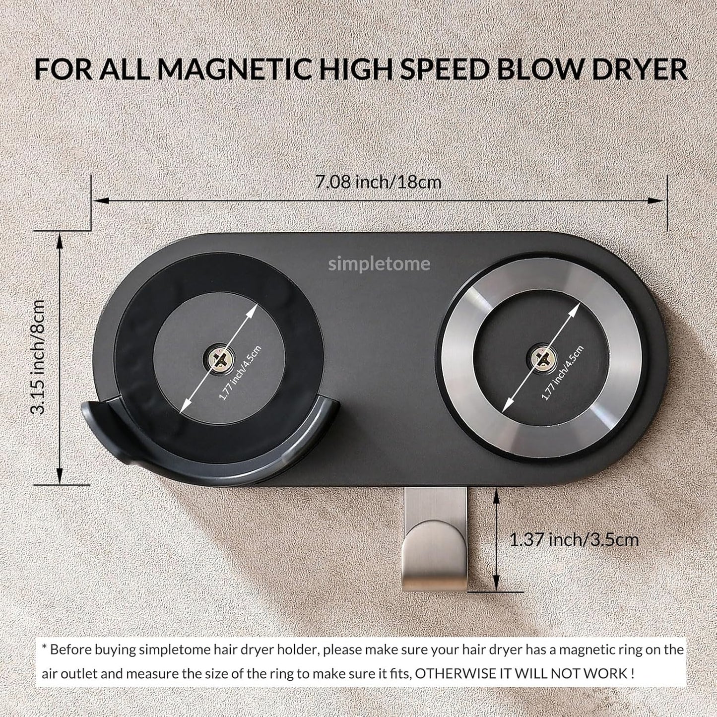 Magnetic Hair Dryer Holder Wall Mount for Most High Speed Blow Dryer | strong POM plastic, dark gray | with plug cord