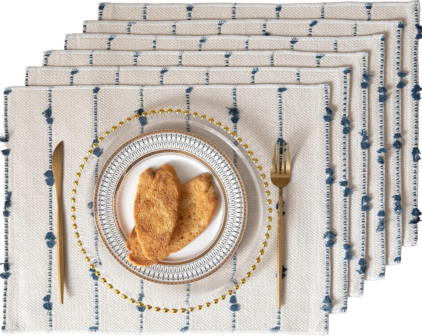 Boho Placemats Set of 6 for Dining Table Decor, Woven Cloth Place Mats for Farmhouse Rustic Kitche Home Decor, Cotton