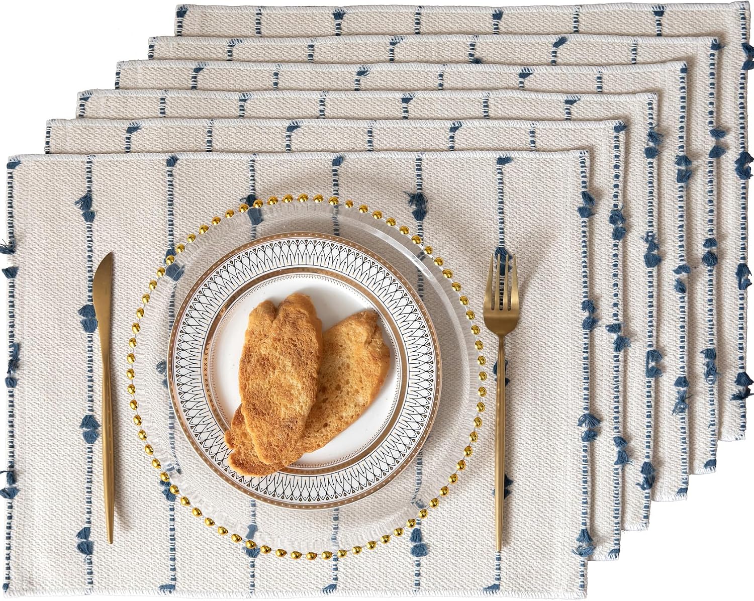 Boho Placemats Set of 6 for Dining Table Decor, Woven Cloth Place Mats for Farmhouse Rustic Kitche Home Decor, Cotton