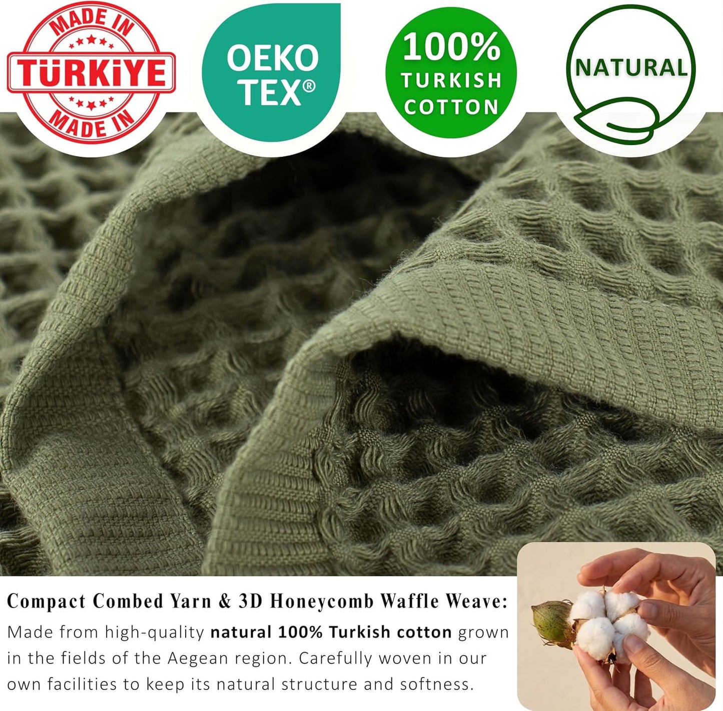 PÜSKÜL Natural 100% Turkish Cotton Waffle Bath Towels Set of 2, Extra-Large | Khaki Green, Oversize 32x63" Bath sheet