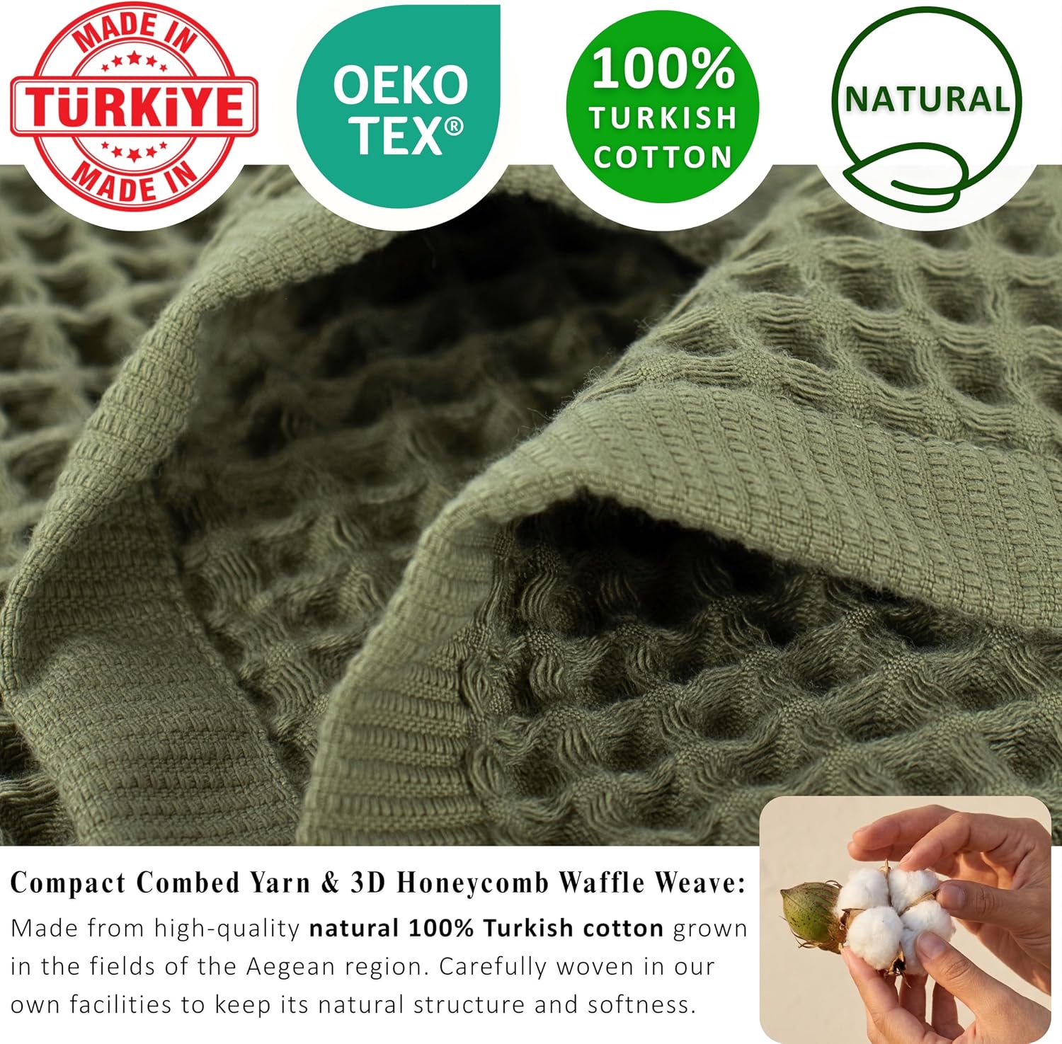 PÜSKÜL Natural 100% Turkish Cotton Waffle Bath Towels Set of 2, Extra-Large | Khaki Green, Oversize 32x63" Bath sheet