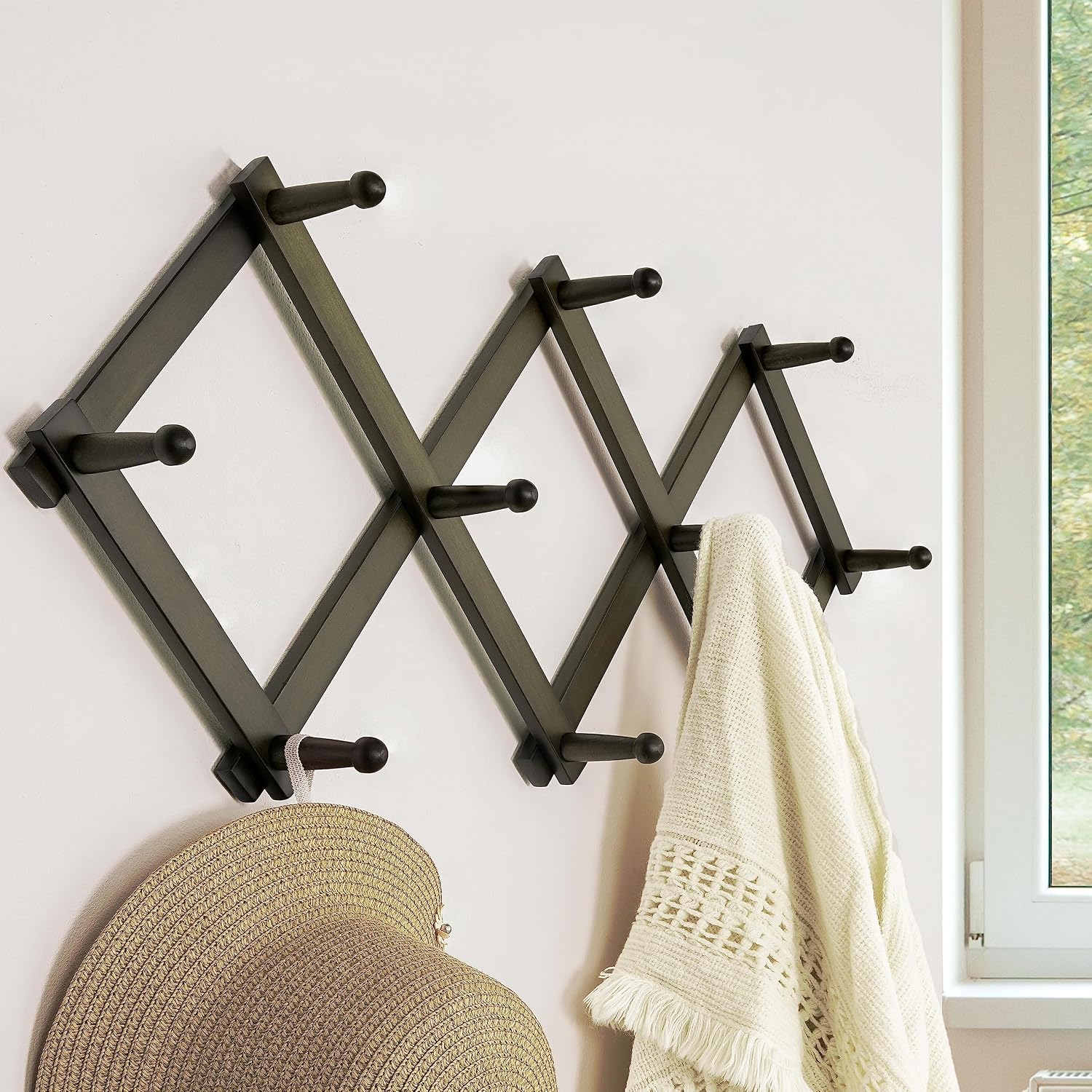 Accordion Wall Hanger: 16" High Wooden Expandable Coat Rack,Hat Rack,Accordion Hook Wall Mount for Baseball