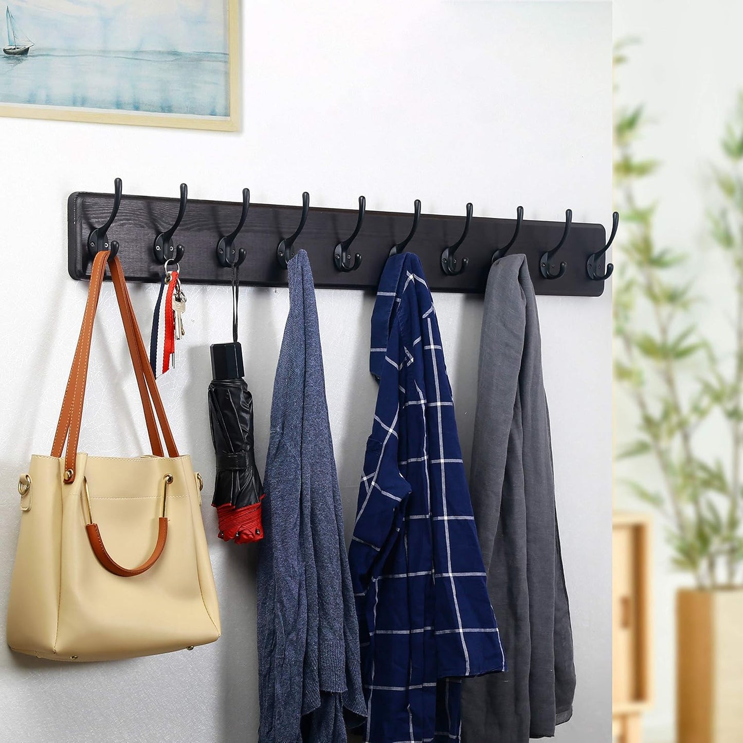 WEBI Coat Rack Wall Mount,10 Hooks,38 9/16" Long Coat Hooks Wall Mounted,16" Hole to Hole,Large Wood Coat Hanger