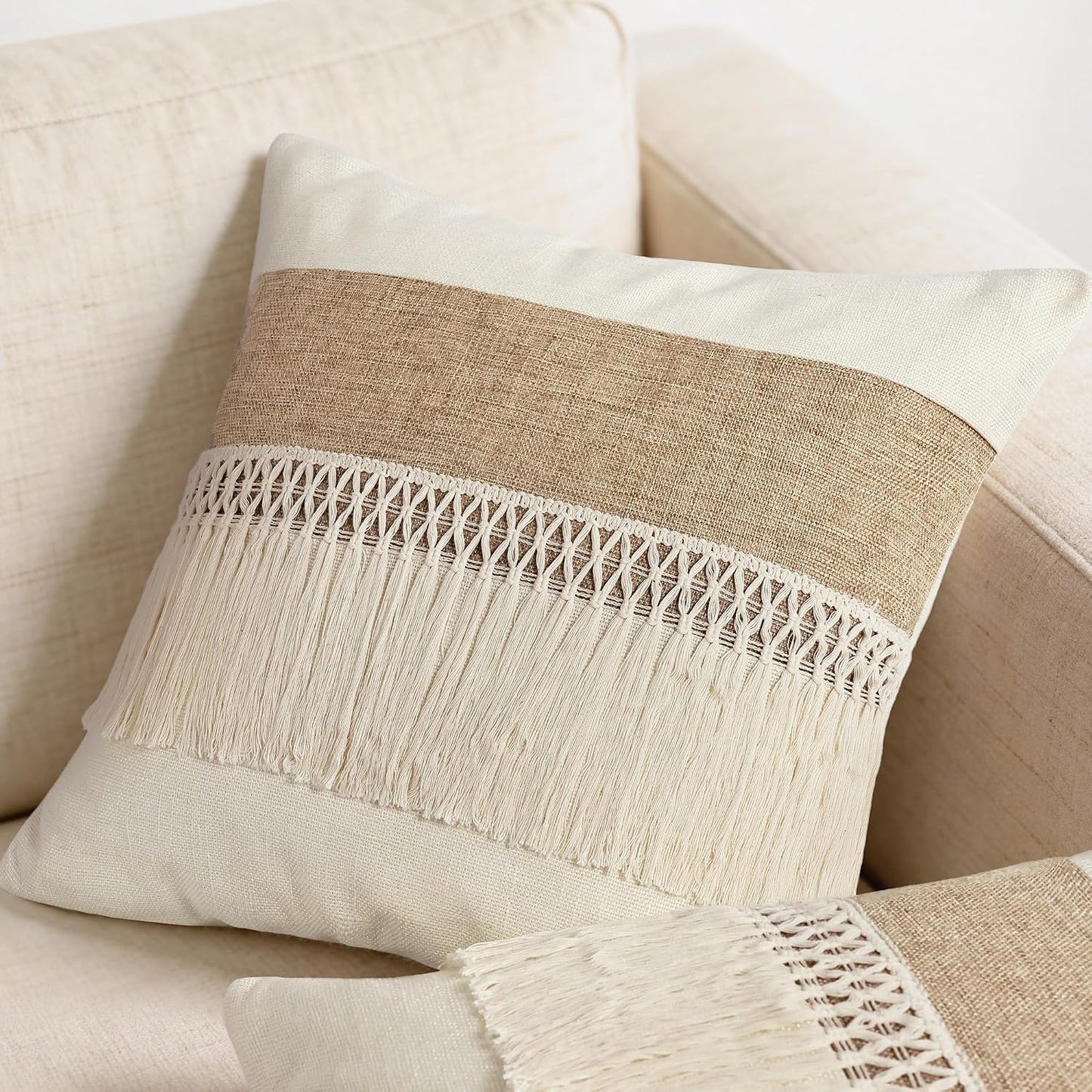 Boho Patchwork Linen Throw Pillow Covers / Boho Long Fringe-beige / 18 x 18 / Set of 2