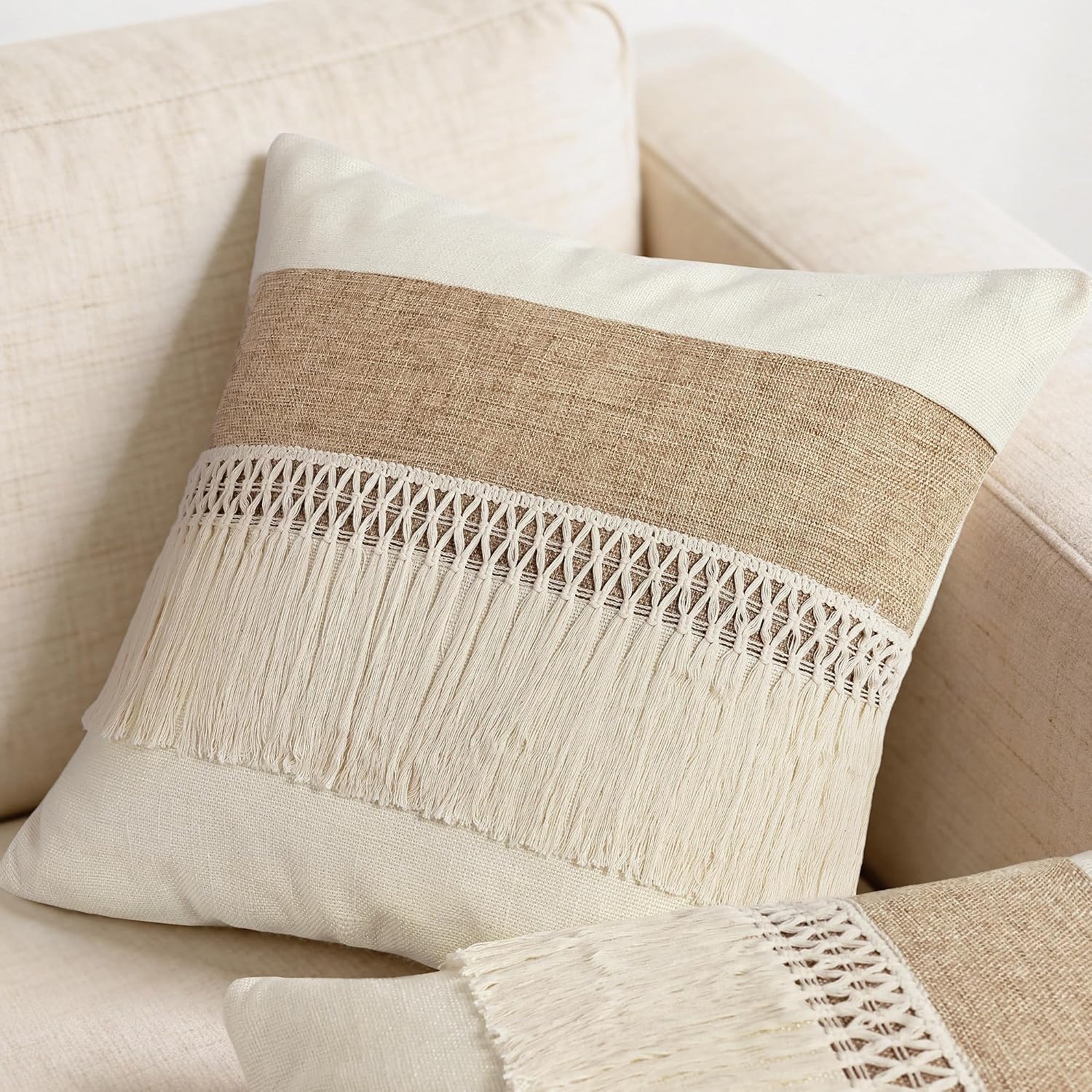 Boho Patchwork Linen Throw Pillow Covers / Boho Long Fringe-beige / 18 x 18 / Set of 2