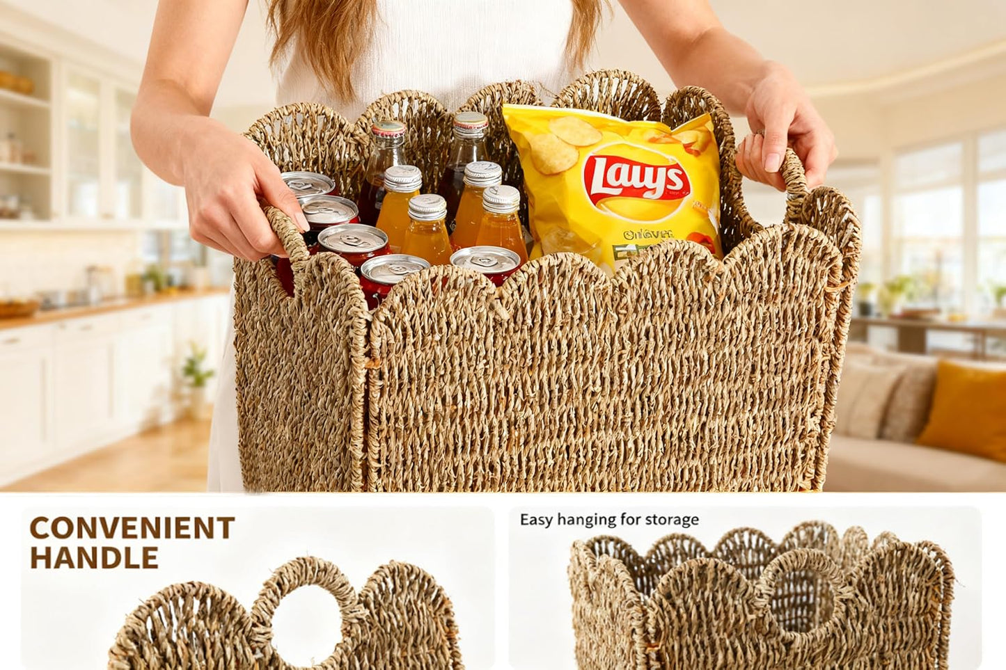 Scalloped Wicker Storage Cubes Basket / Sage Green / 12 x 12 x 12 / In&4-pack / Set of 4