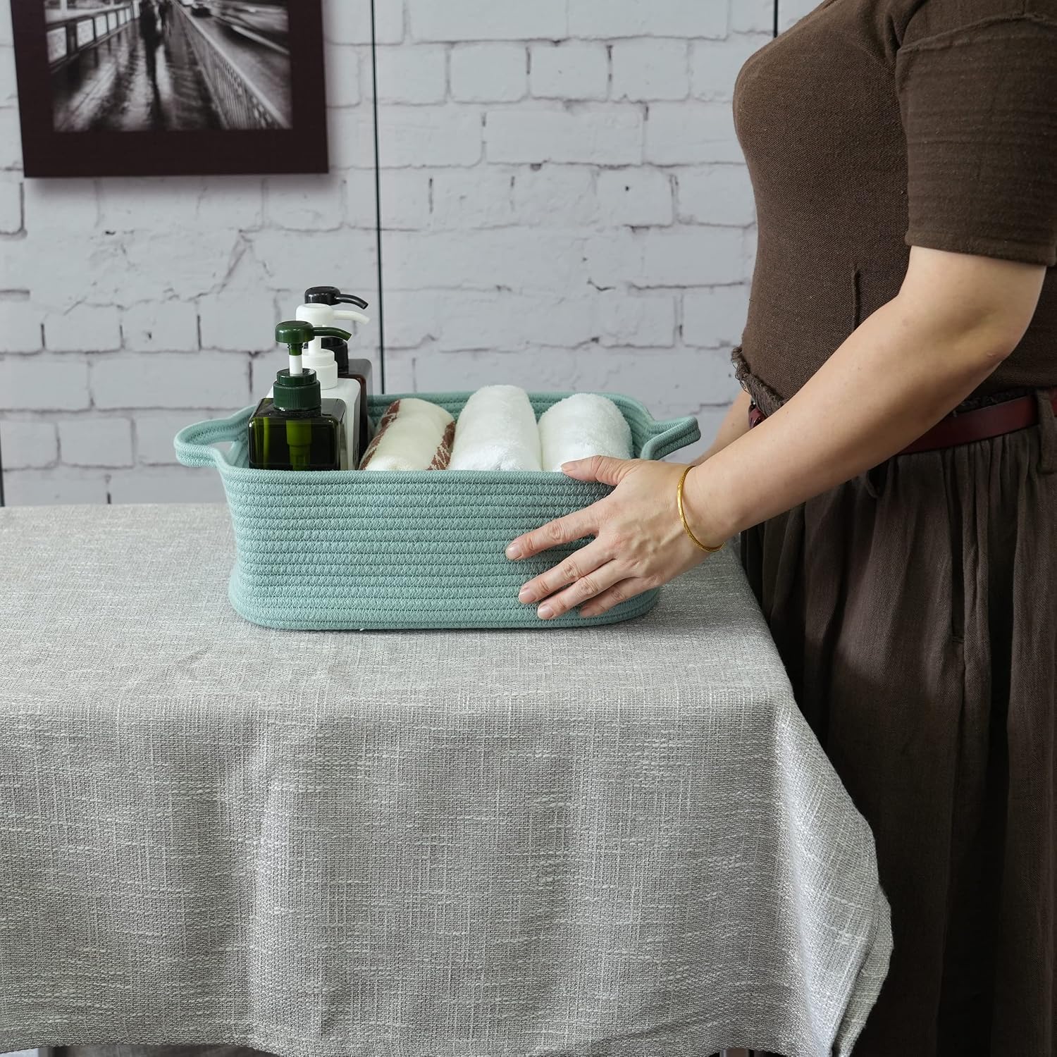 Woven Cotton Rope Storage Basket / Light Green