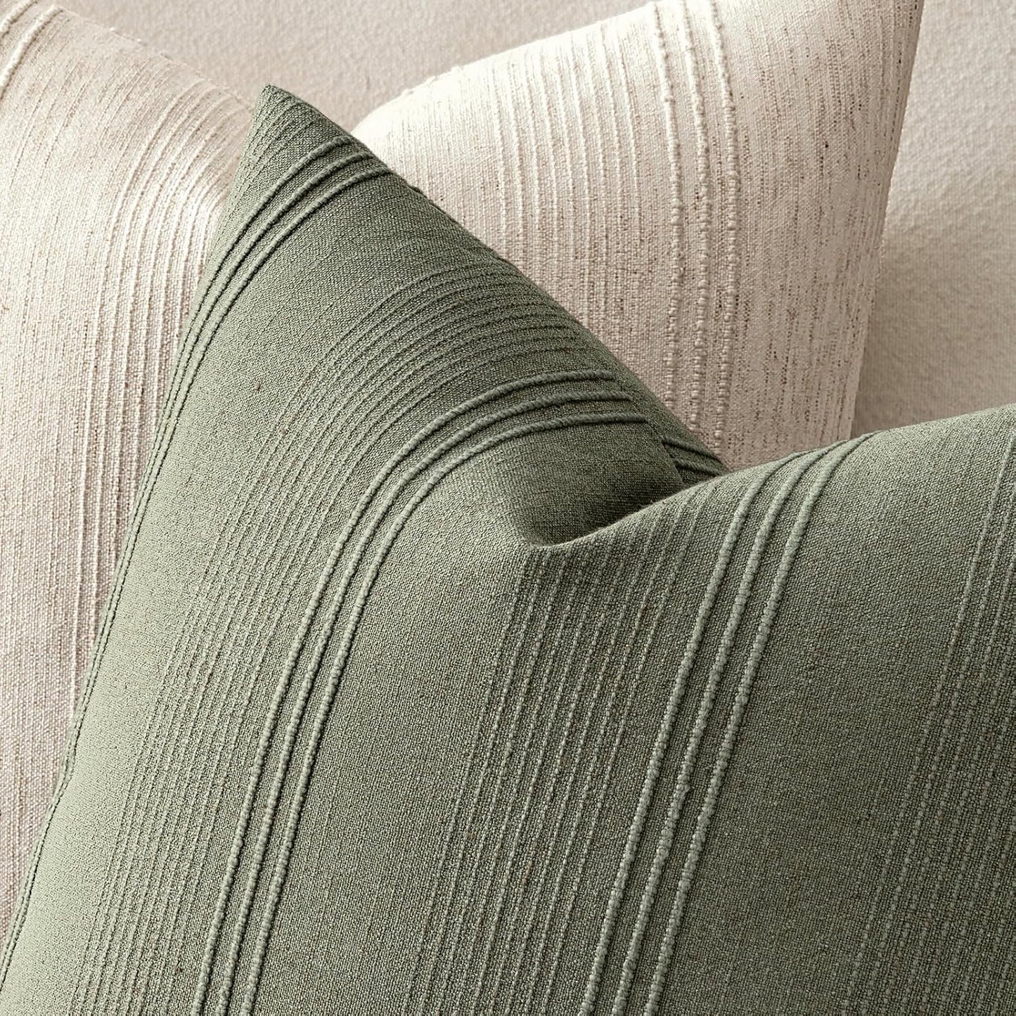 Striped Throw Pillow Covers Decorative Textured Pillow Covers Linen / 18 x 18 / Olive / Set of 2