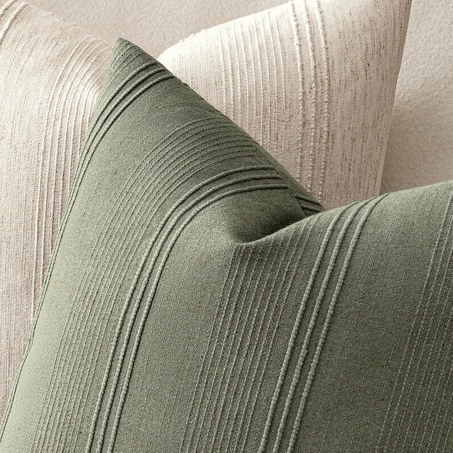 Striped Throw Pillow Covers Decorative Textured Pillow Covers Linen / 18 x 18 / Olive / Set of 2