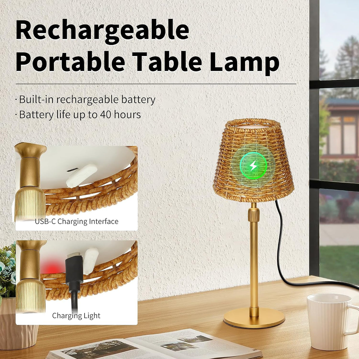 Mr.White Outdoor Waterproof Rechargeable Cordless Table Lamp with Wicker Shade, 5200mAh Battery Operated Table Light