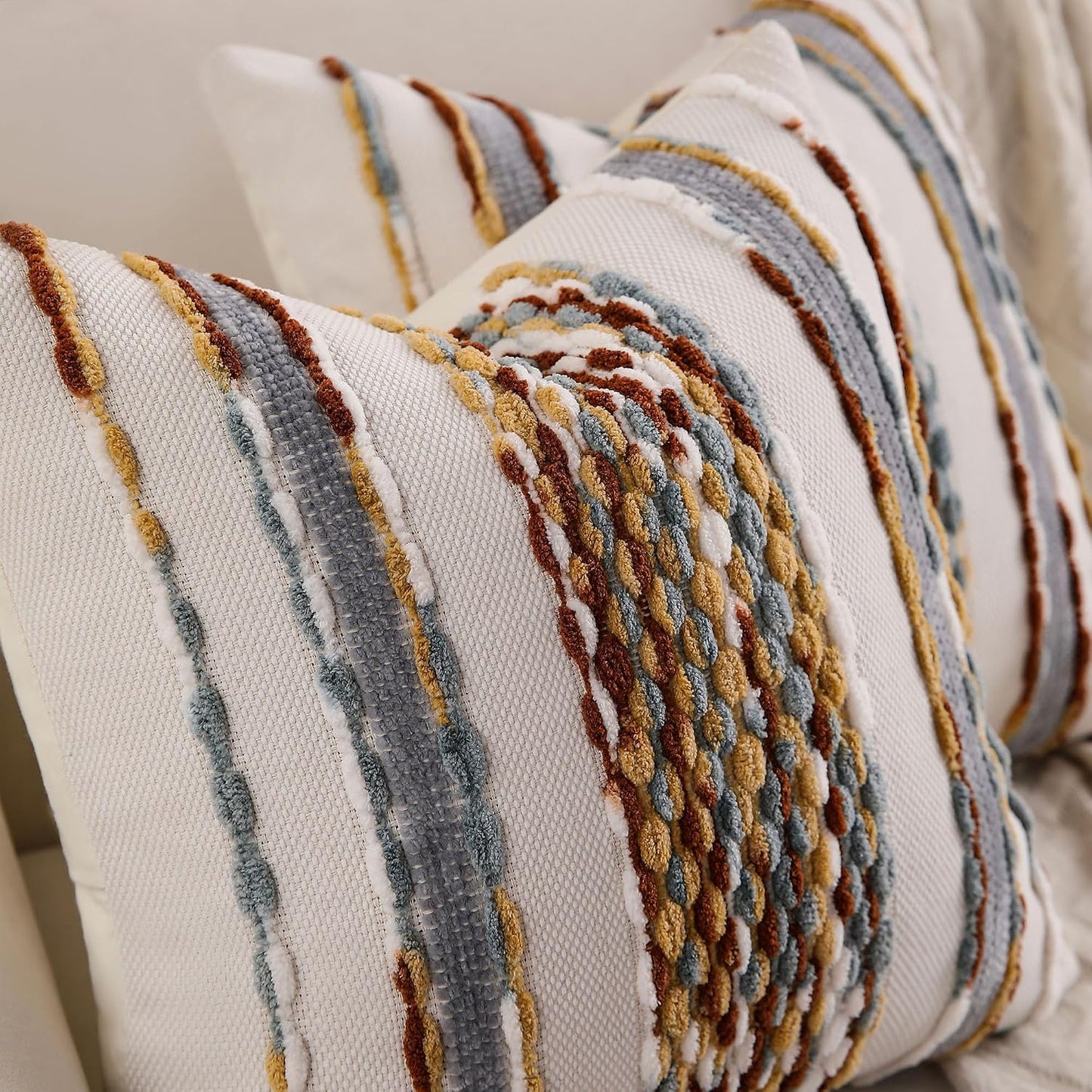 Boho Striped Throw Pillow Covers Farmhouse Decorative Pillow / Brown White / 18 x 18 / Set of 2