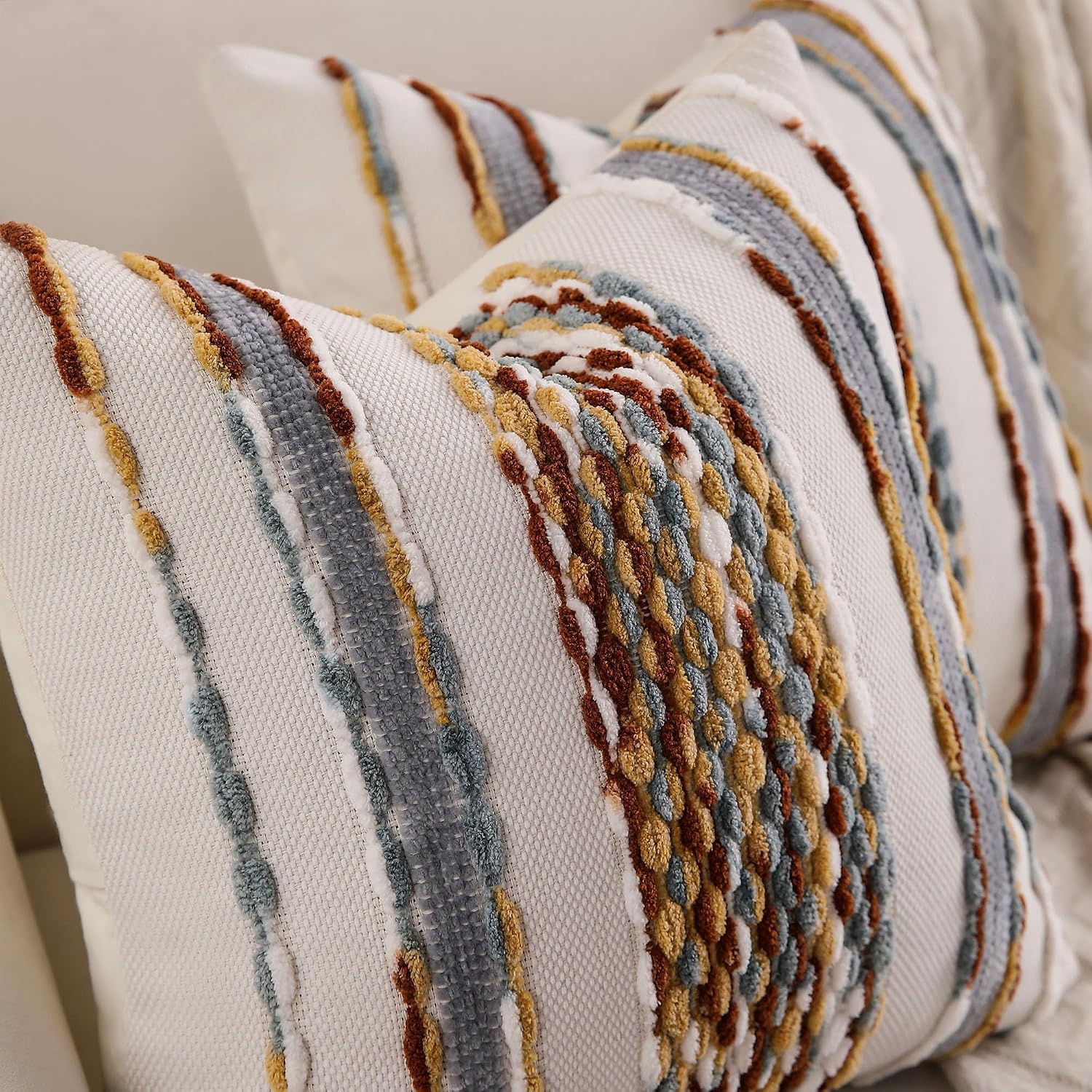 Boho Striped Throw Pillow Covers Farmhouse Decorative Pillow / Brown White / 18 x 18 / Set of 2